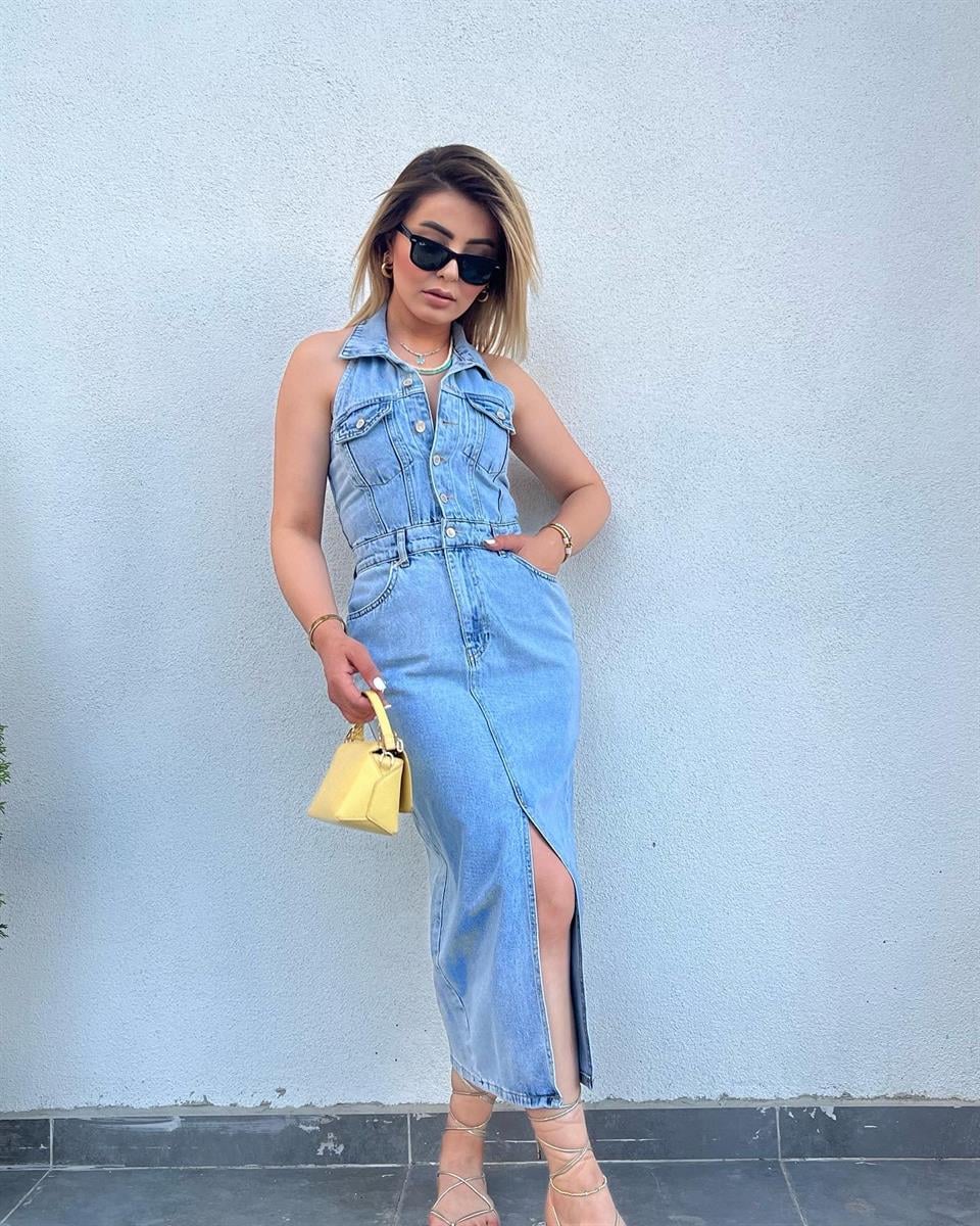 Gömlek Yaka Önü Yırtmaçlı Denim Elbise 