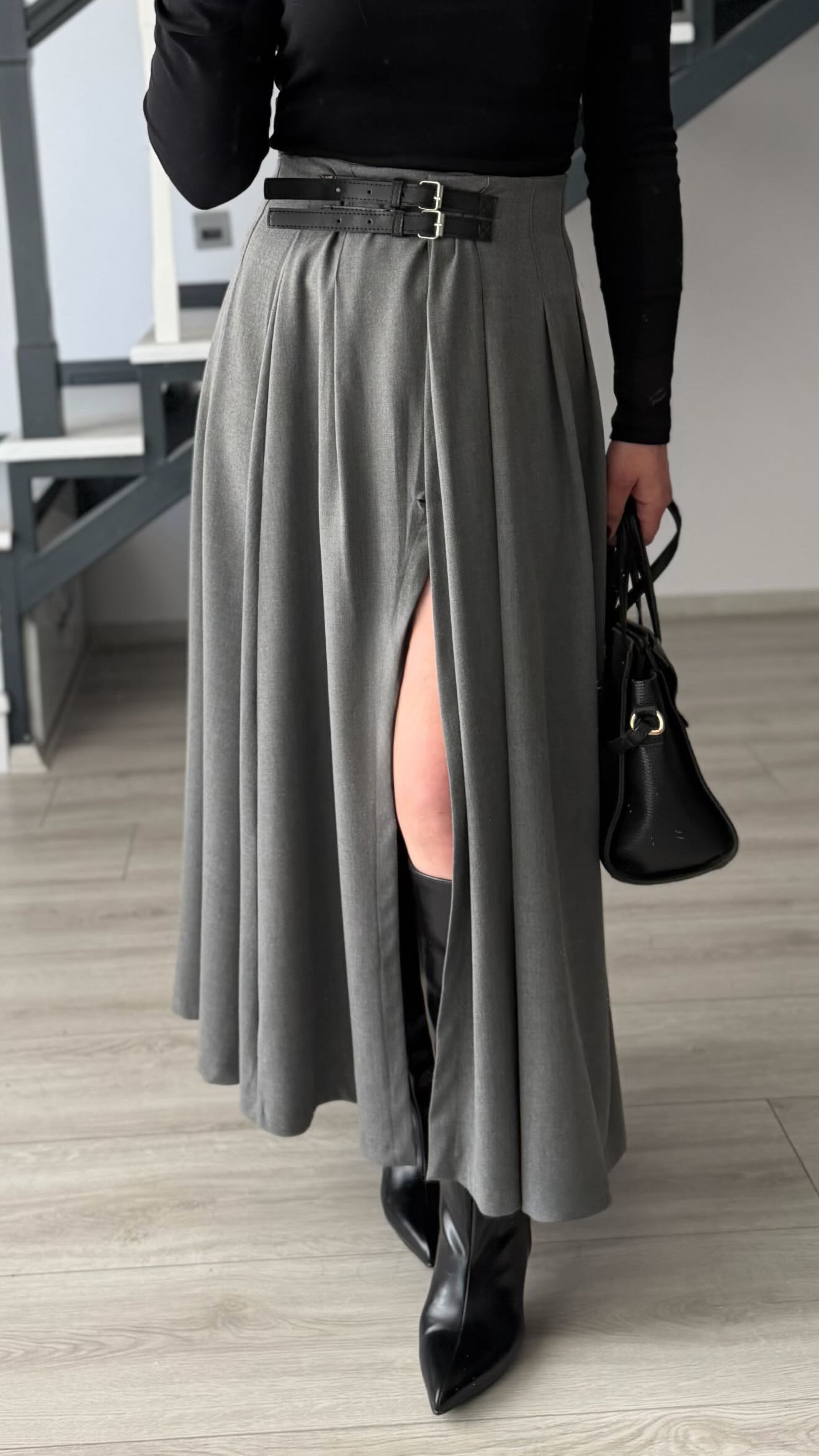 Grey Double Belted Slit Skirt