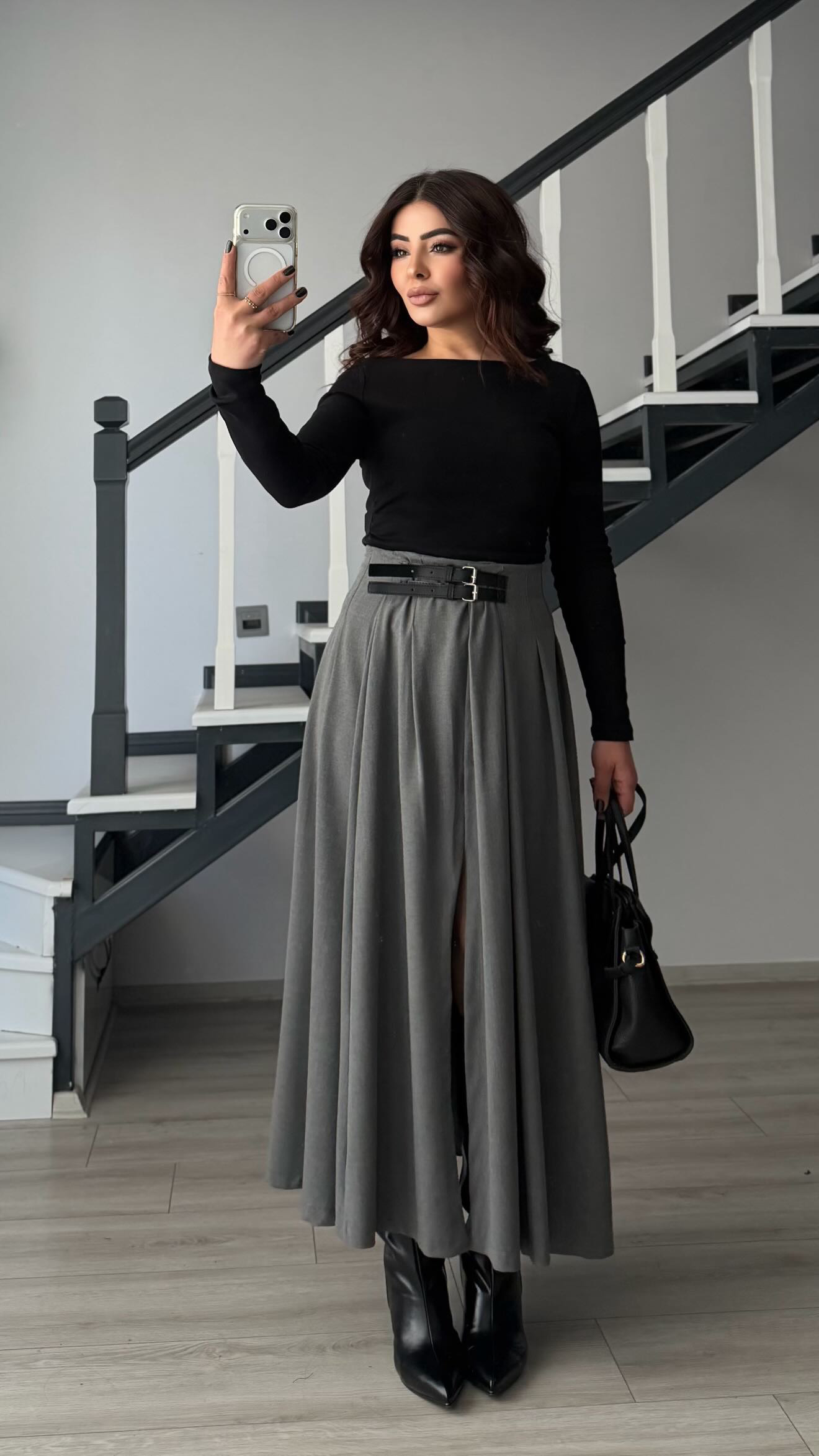 Grey Double Belted Slit Skirt