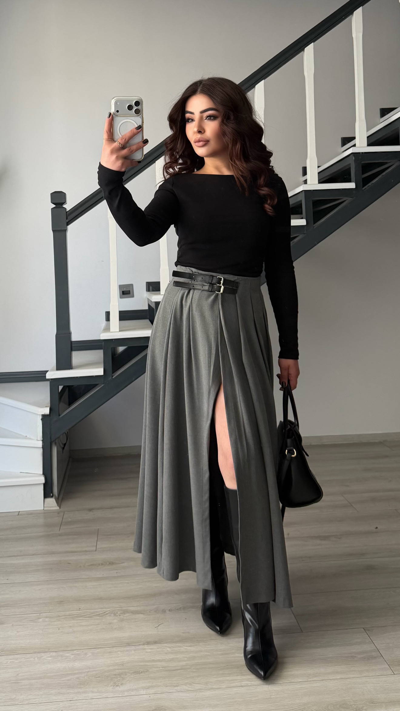 Grey Double Belted Slit Skirt