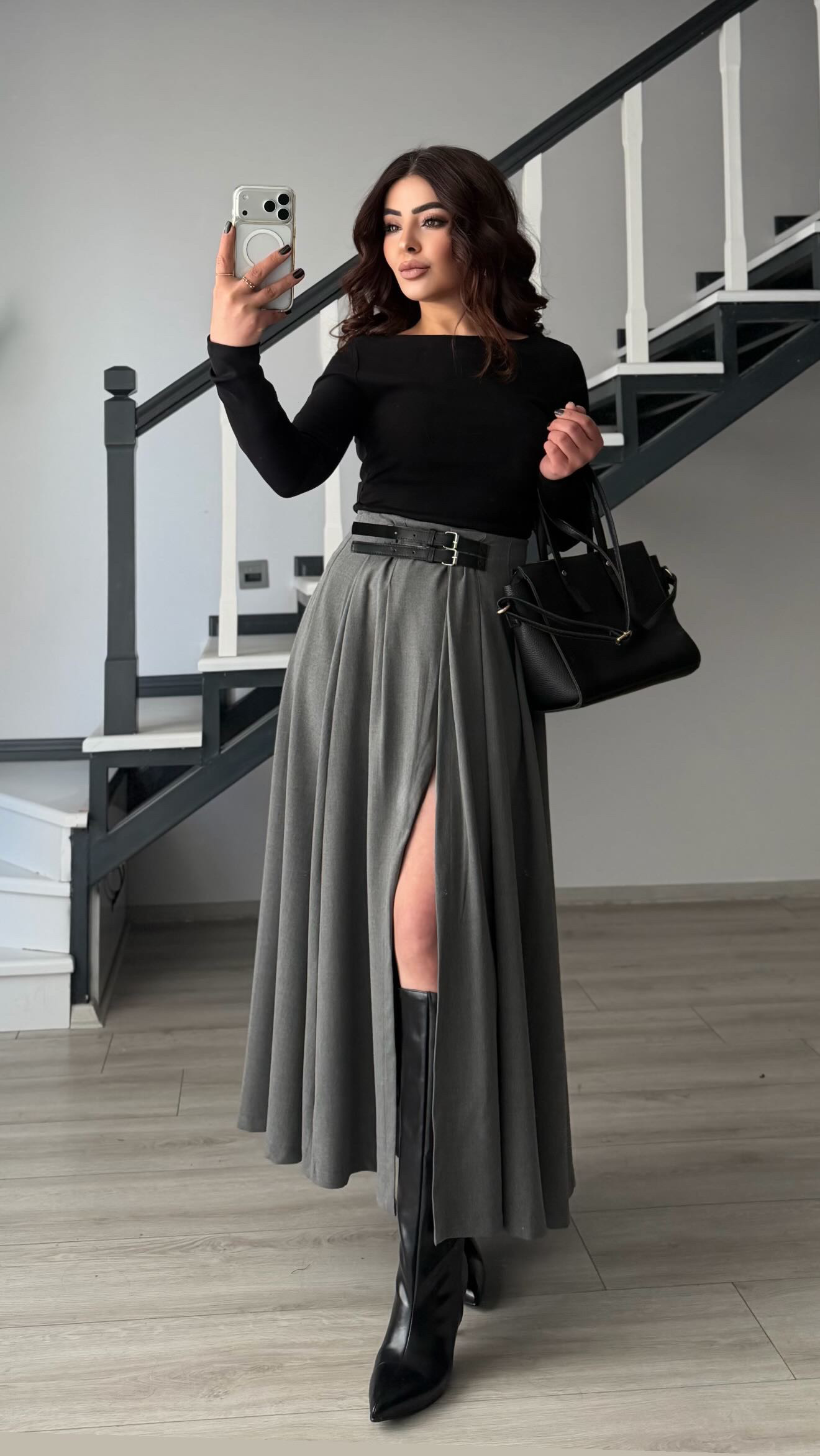 Grey Double Belted Slit Skirt