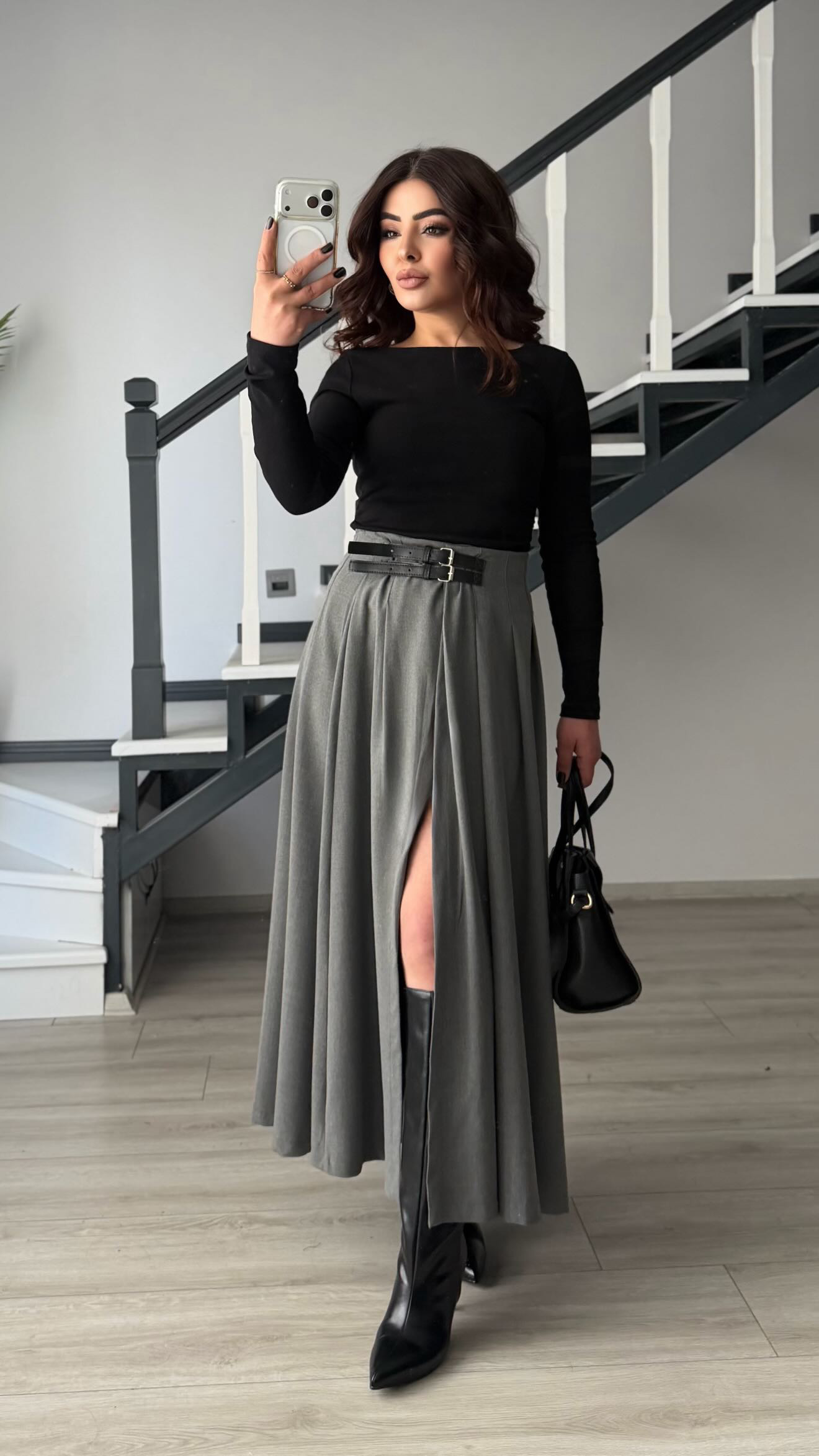 Grey Double Belted Slit Skirt