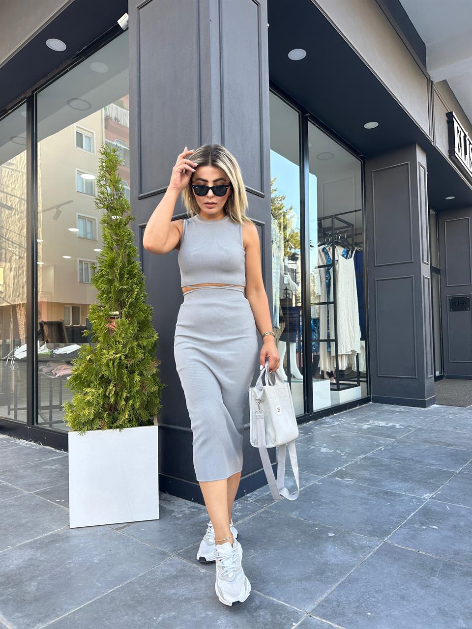 Grey Ribbed Knit Set with Belt Detail