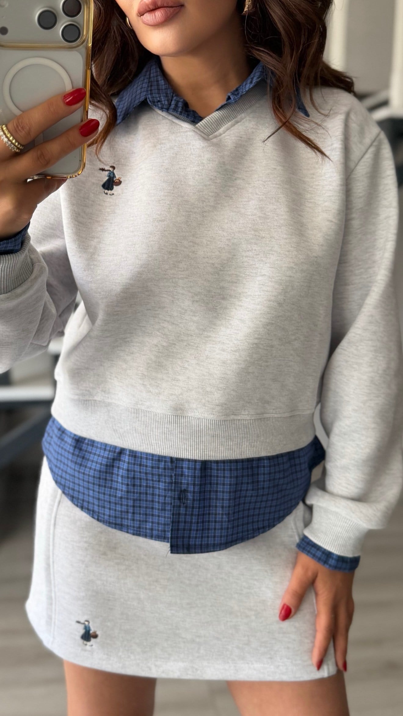 Grey Shirt Detailed Sweatshirt & Skirt Set