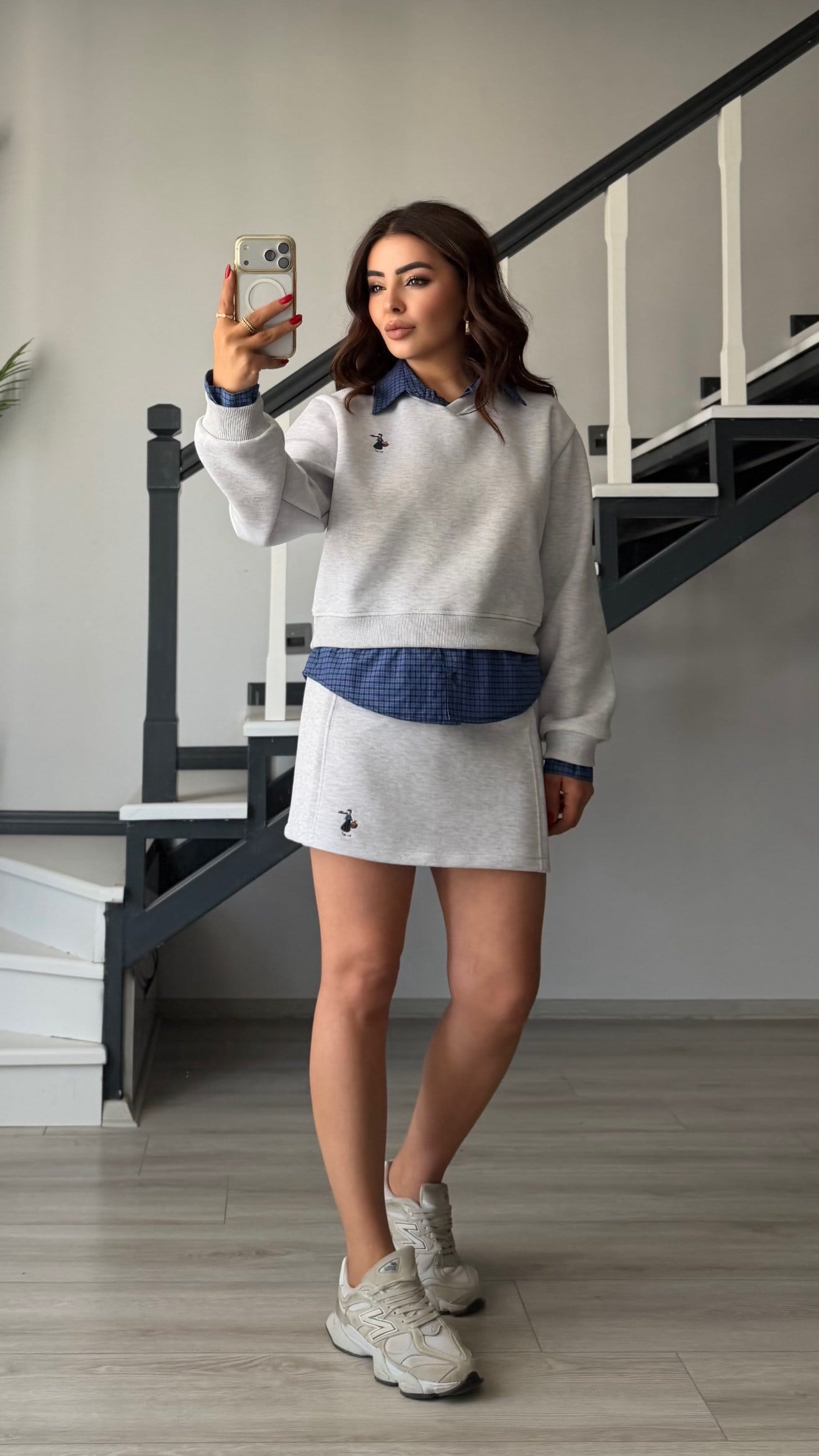 Grey Shirt Detailed Sweatshirt & Skirt Set