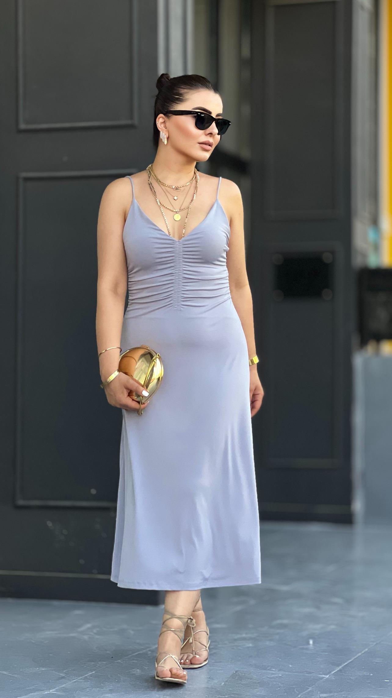 Grey Strappy Ruched Dress