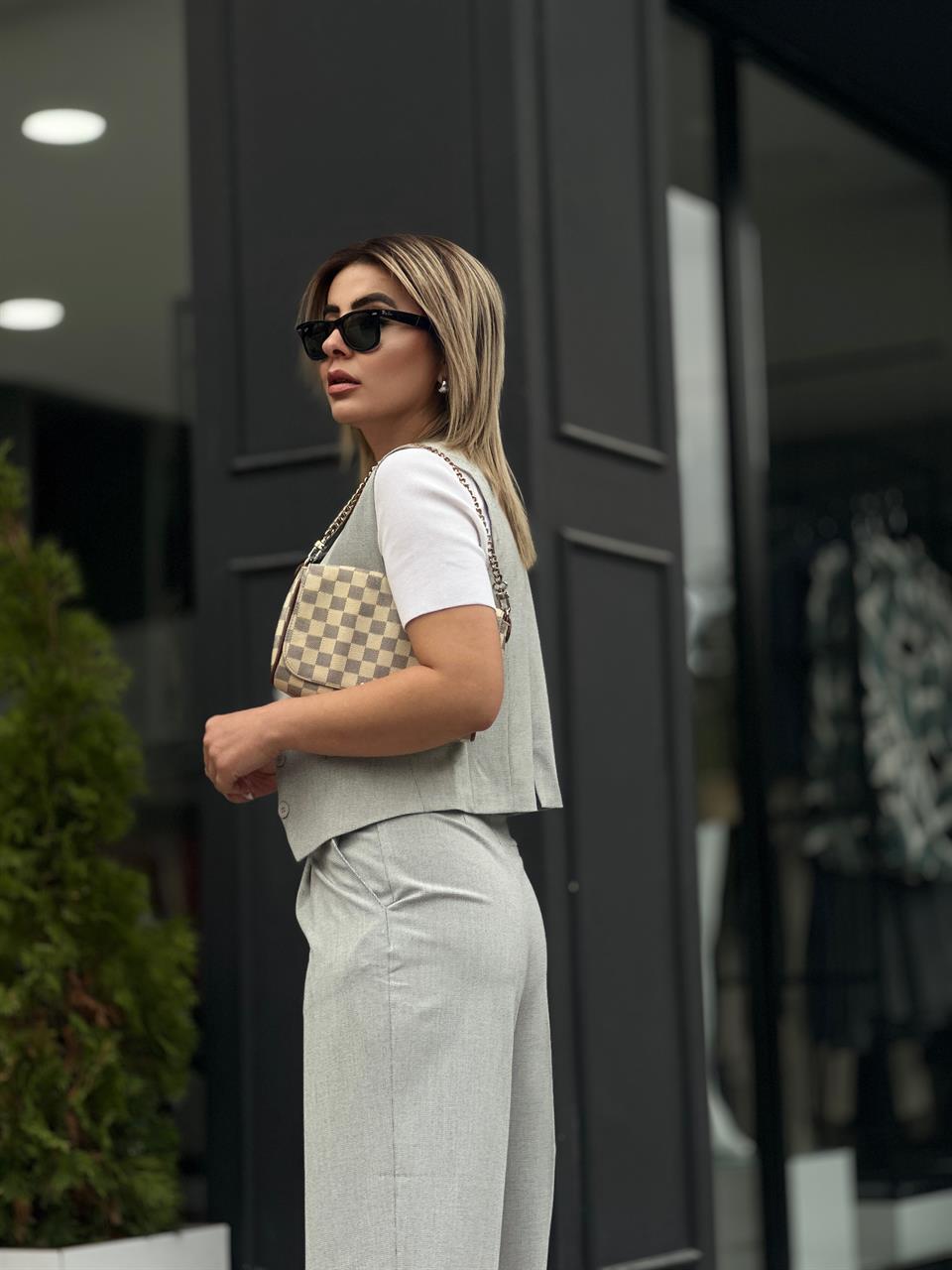 Grey Textured Vest Set