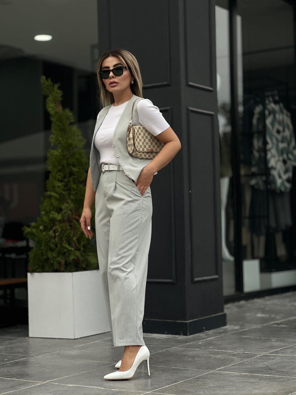 Grey Textured Vest Set