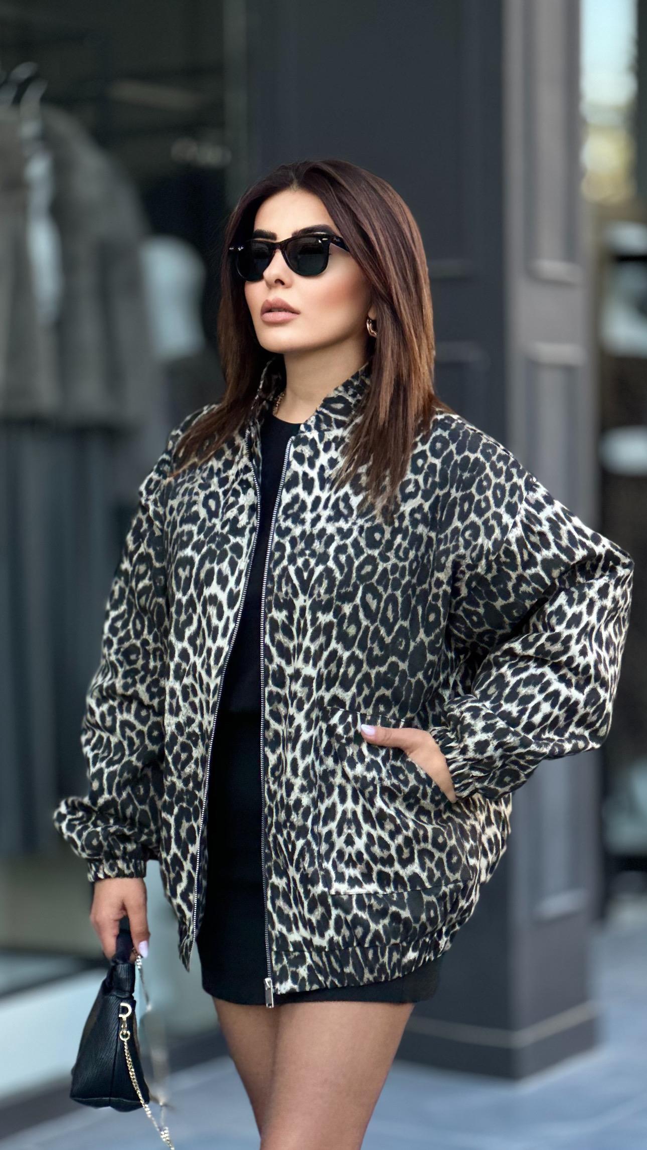 Gri Leopar Desen Bomber Ceket