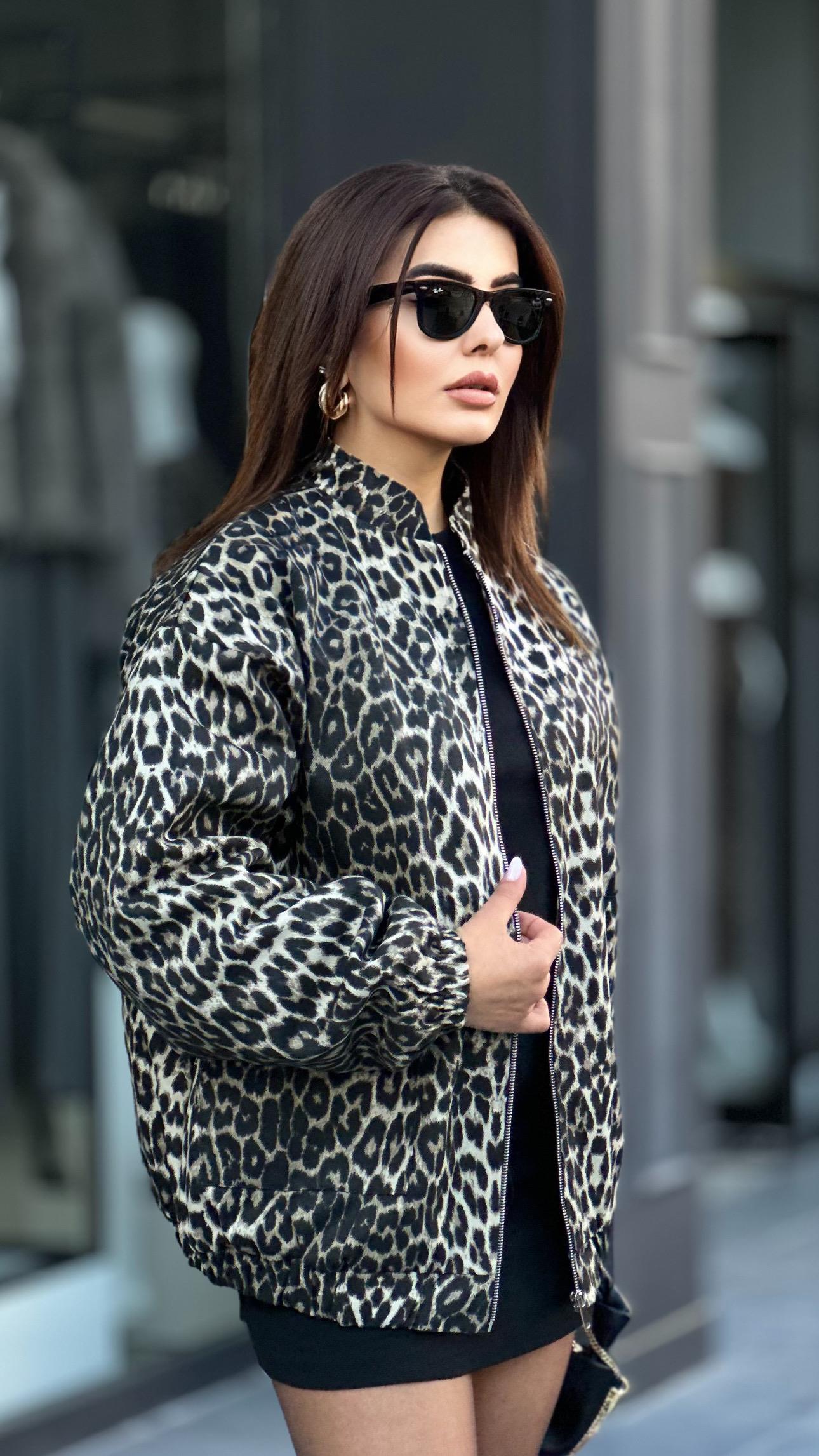 Gri Leopar Desen Bomber Ceket