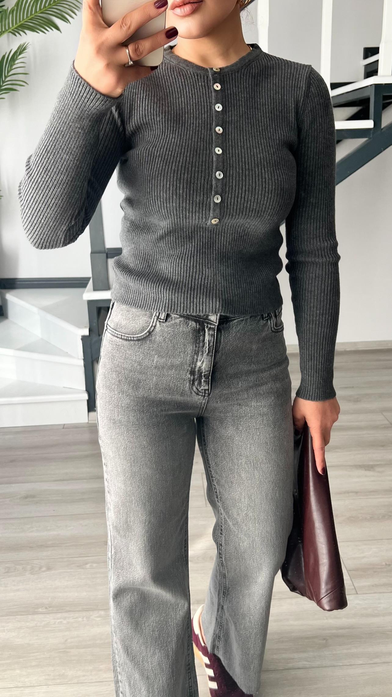 Grey Melange Buttoned Wool Knit Blouse