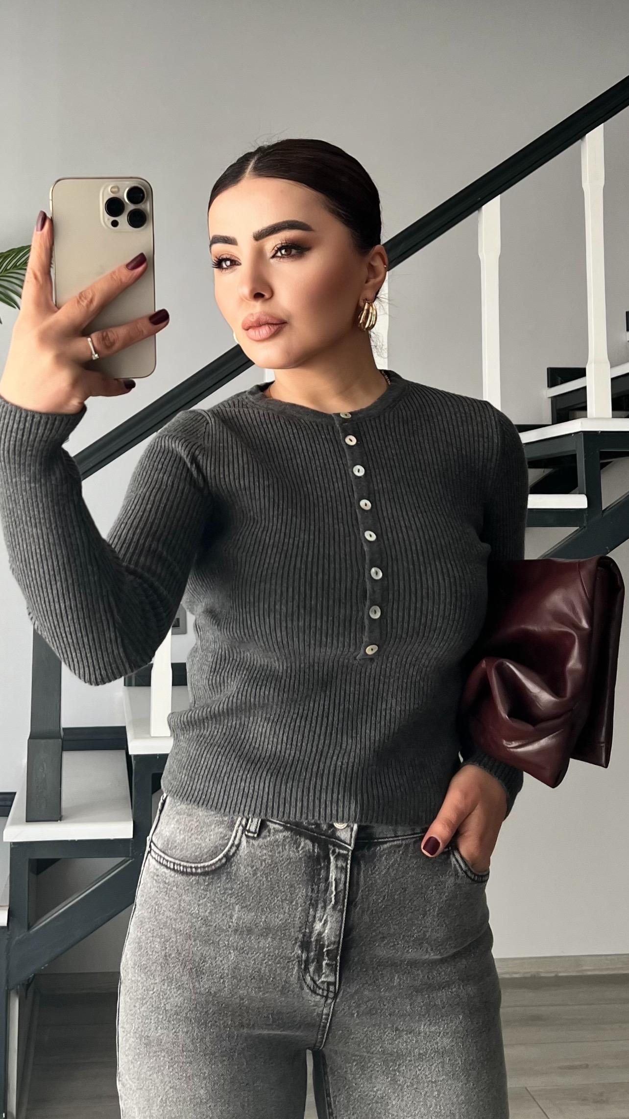 Grey Melange Buttoned Wool Knit Blouse