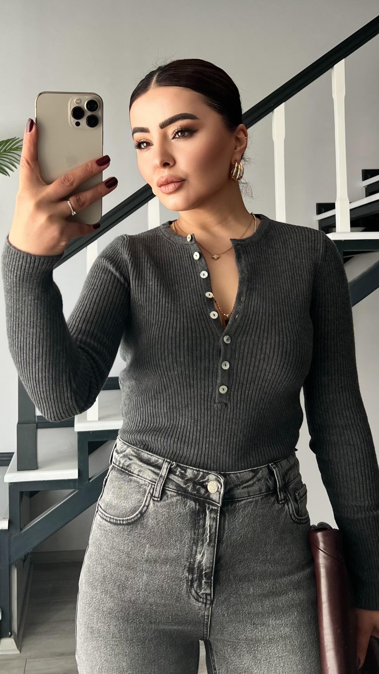 Grey Melange Buttoned Wool Knit Blouse