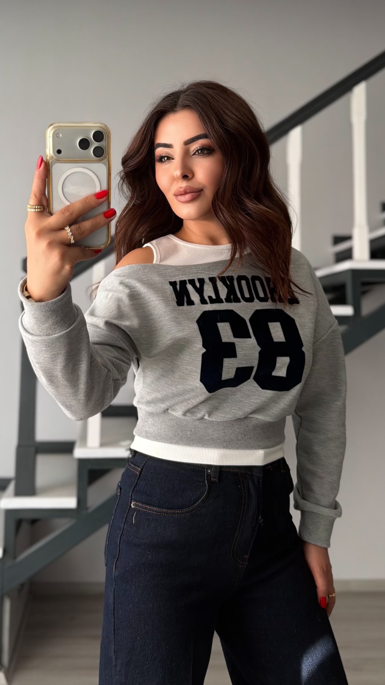 Grey Melange One-Shoulder Sweatshirt with Built-in Tank Top