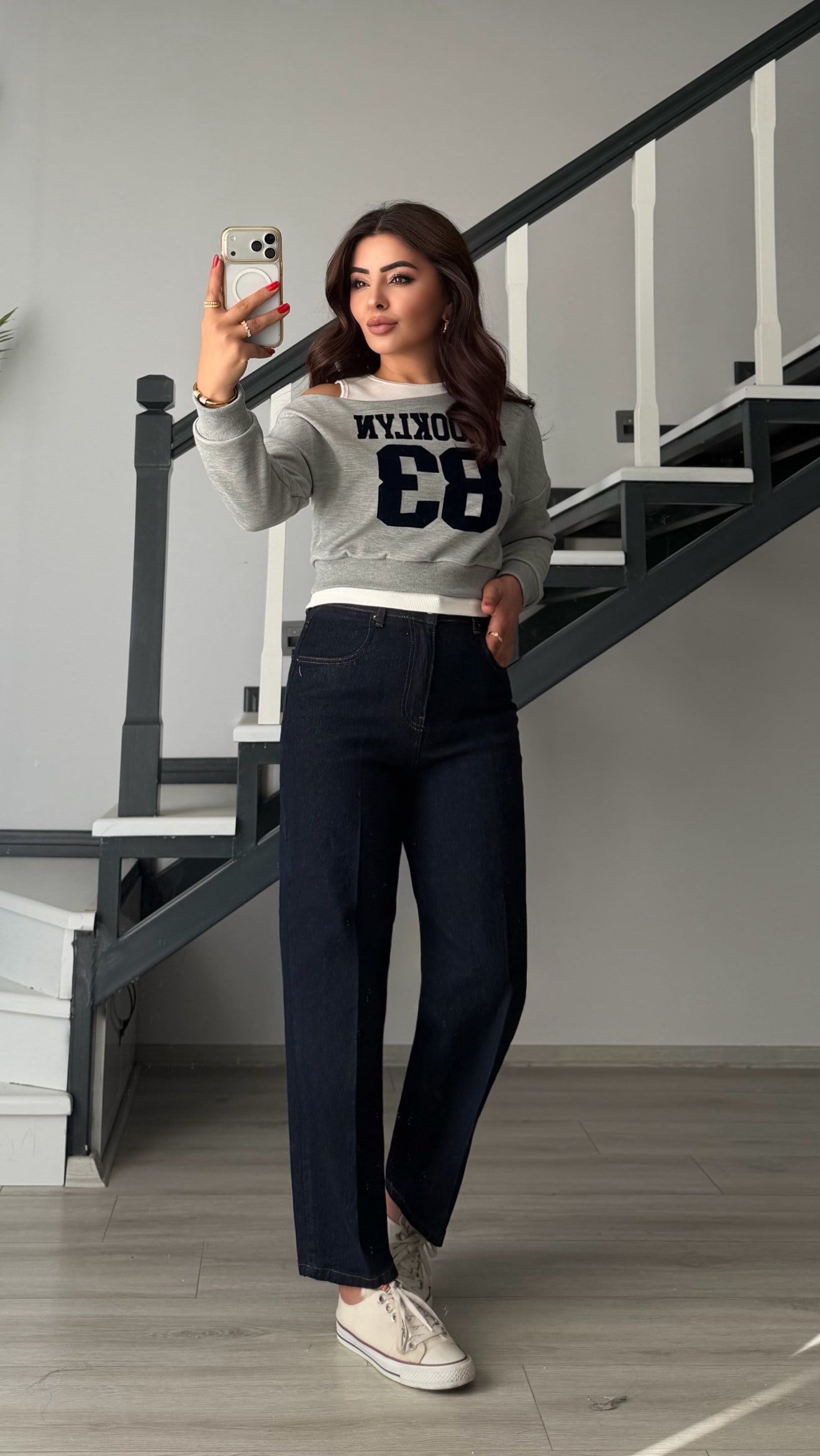 Grey Melange One-Shoulder Sweatshirt with Built-in Tank Top