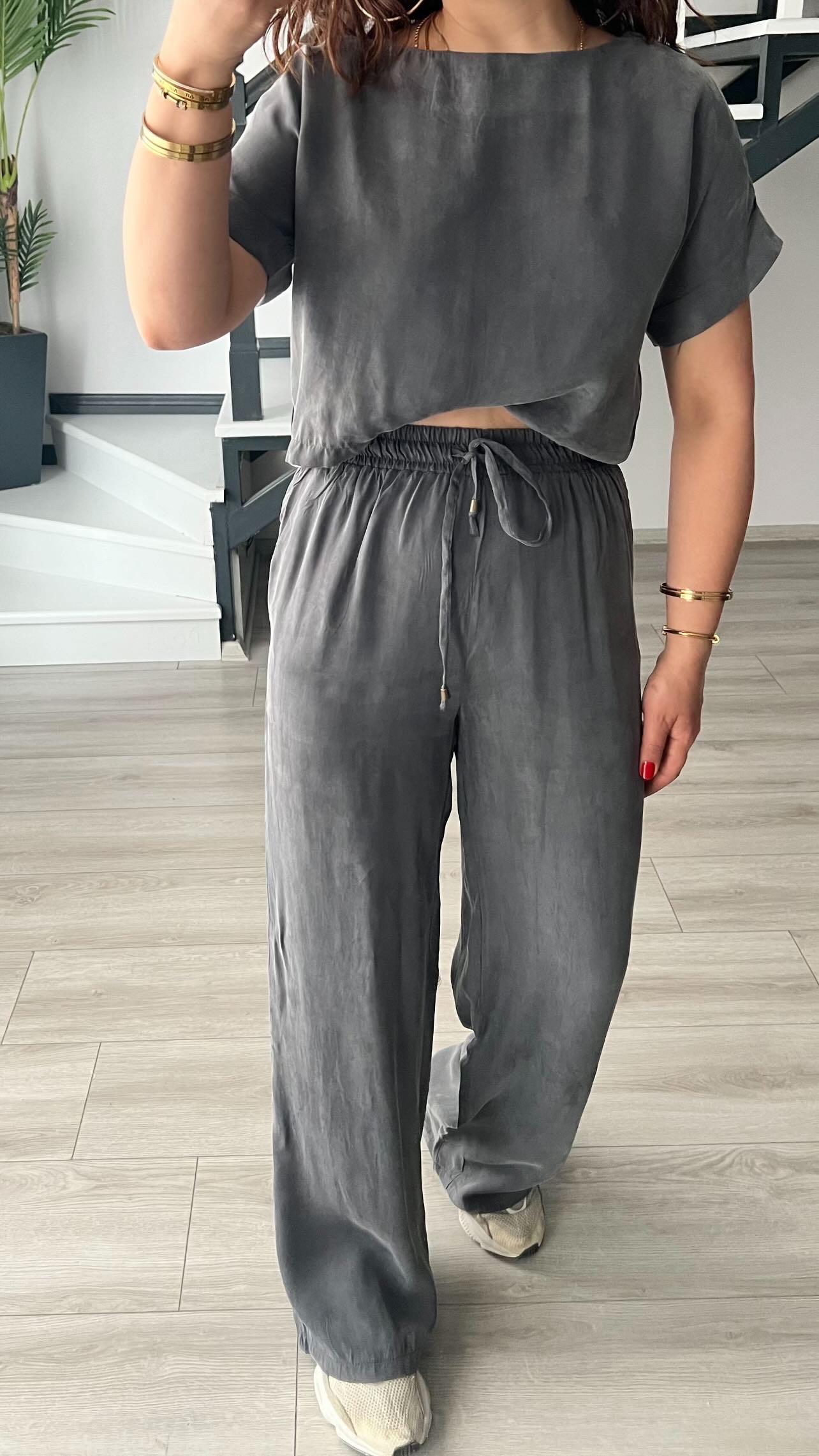 Gri Premium Tnsel Kumaş Crop-Pantolon Takım