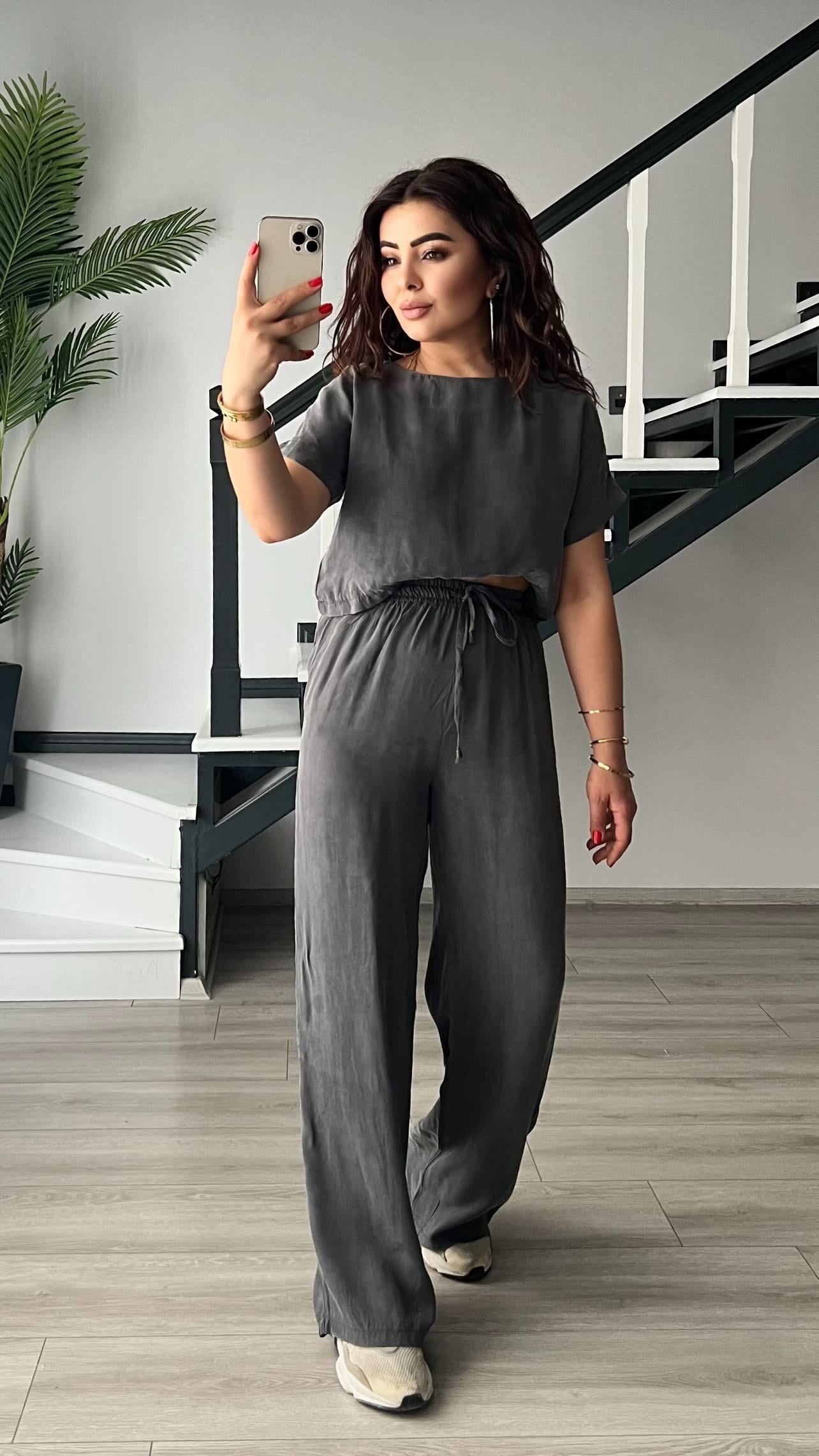 Gri Premium Tnsel Kumaş Crop-Pantolon Takım