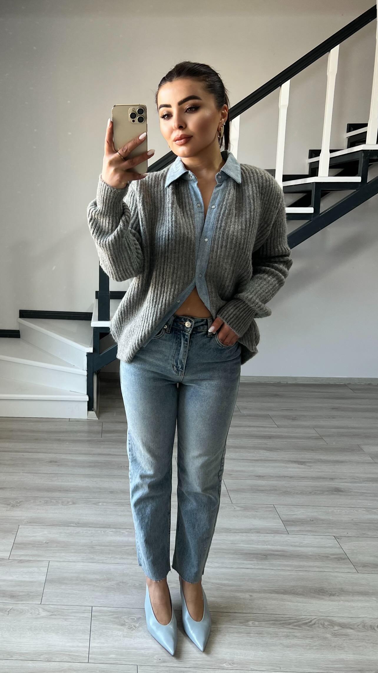 Gri Premium Yakası Denim Detaylı Çıtçıtlı Hırka 