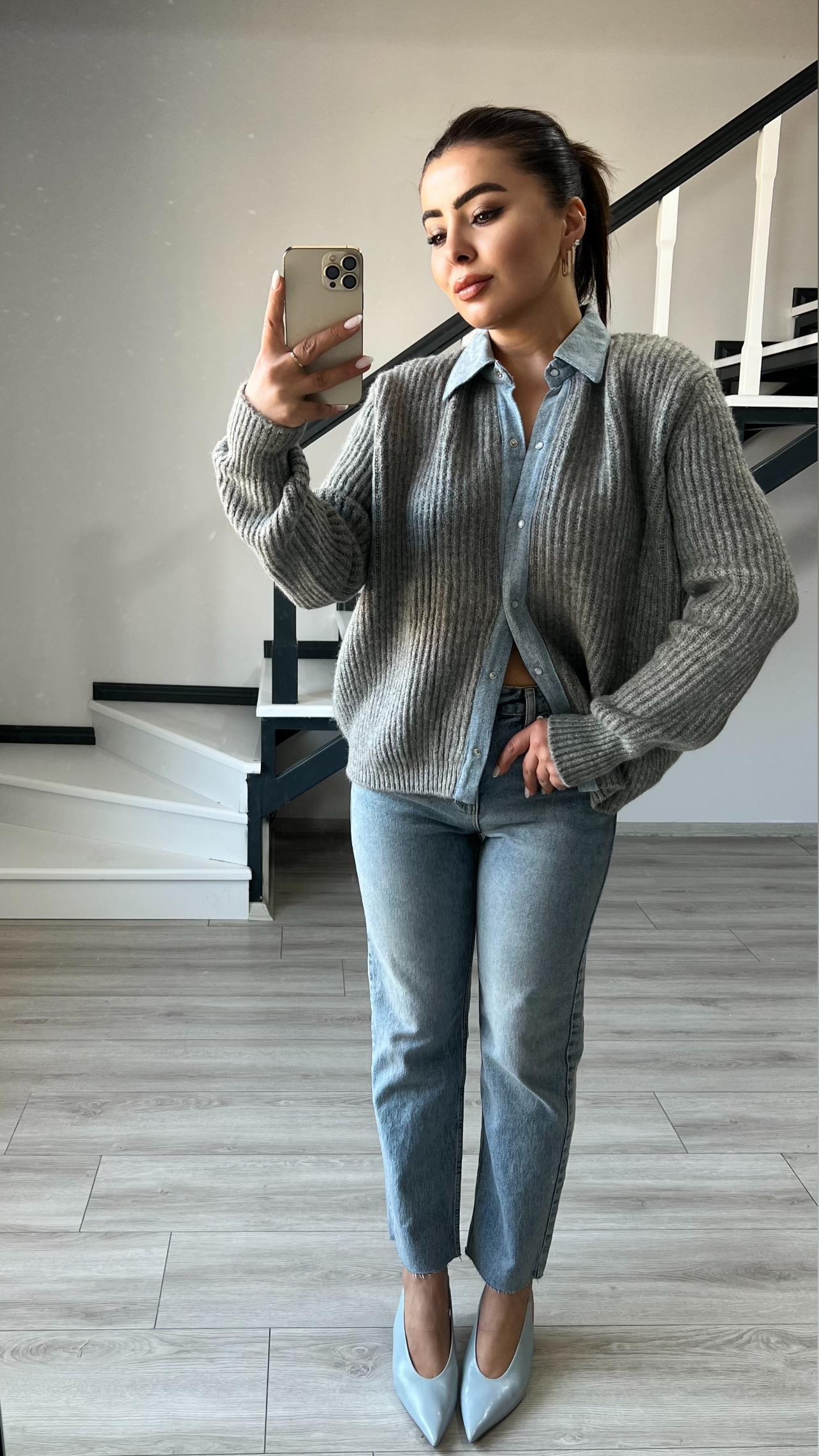 Gri Premium Yakası Denim Detaylı Çıtçıtlı Hırka 