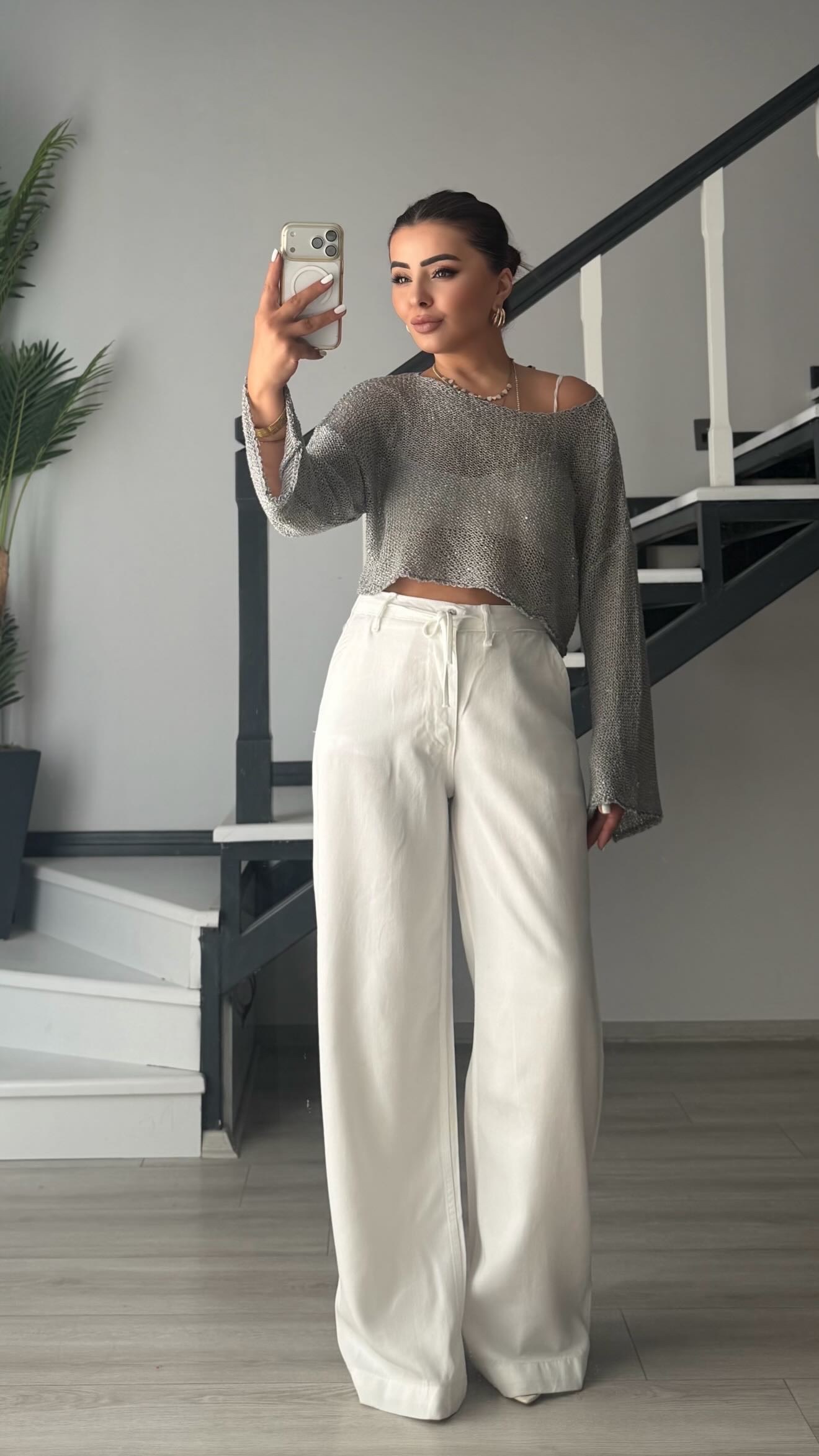 Grey Sequin Oversized Knit Blouse