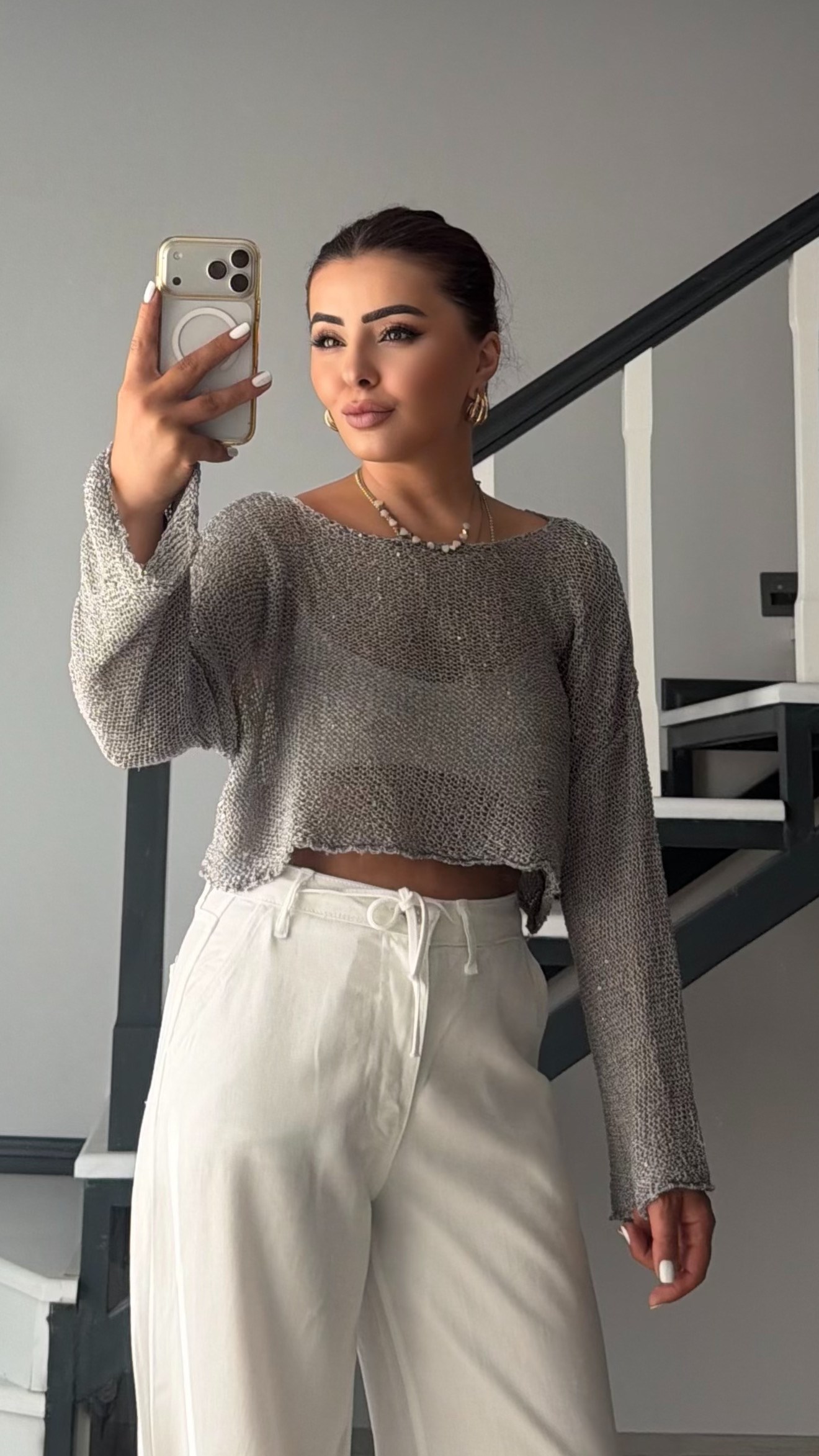 Grey Sequin Oversized Knit Blouse