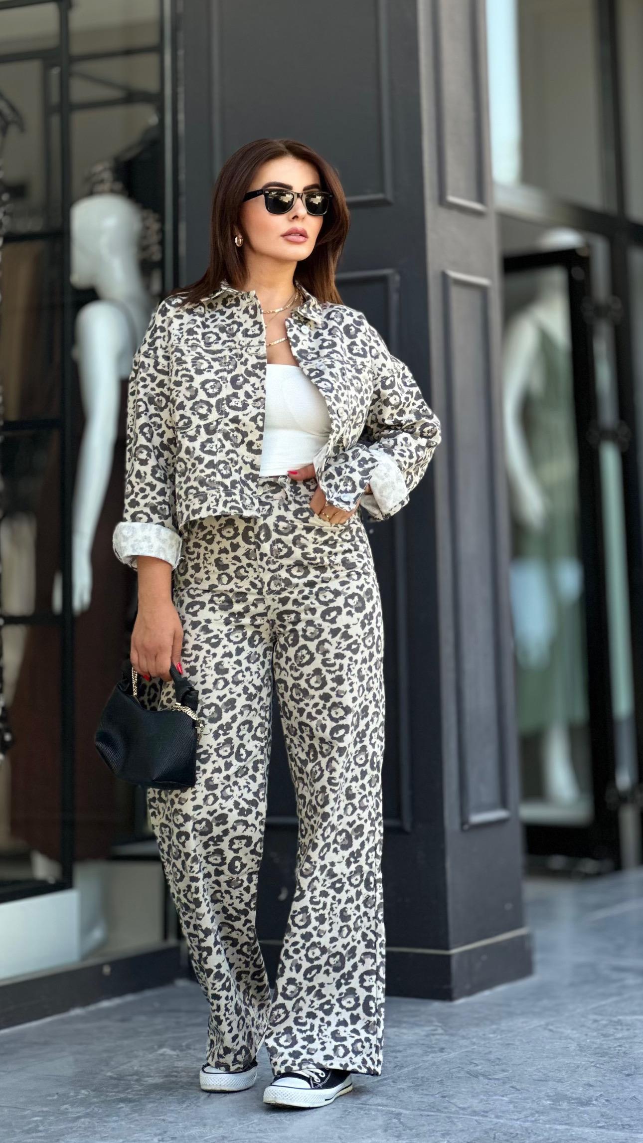 Grey and Black Leopard Print Gabardine Suit