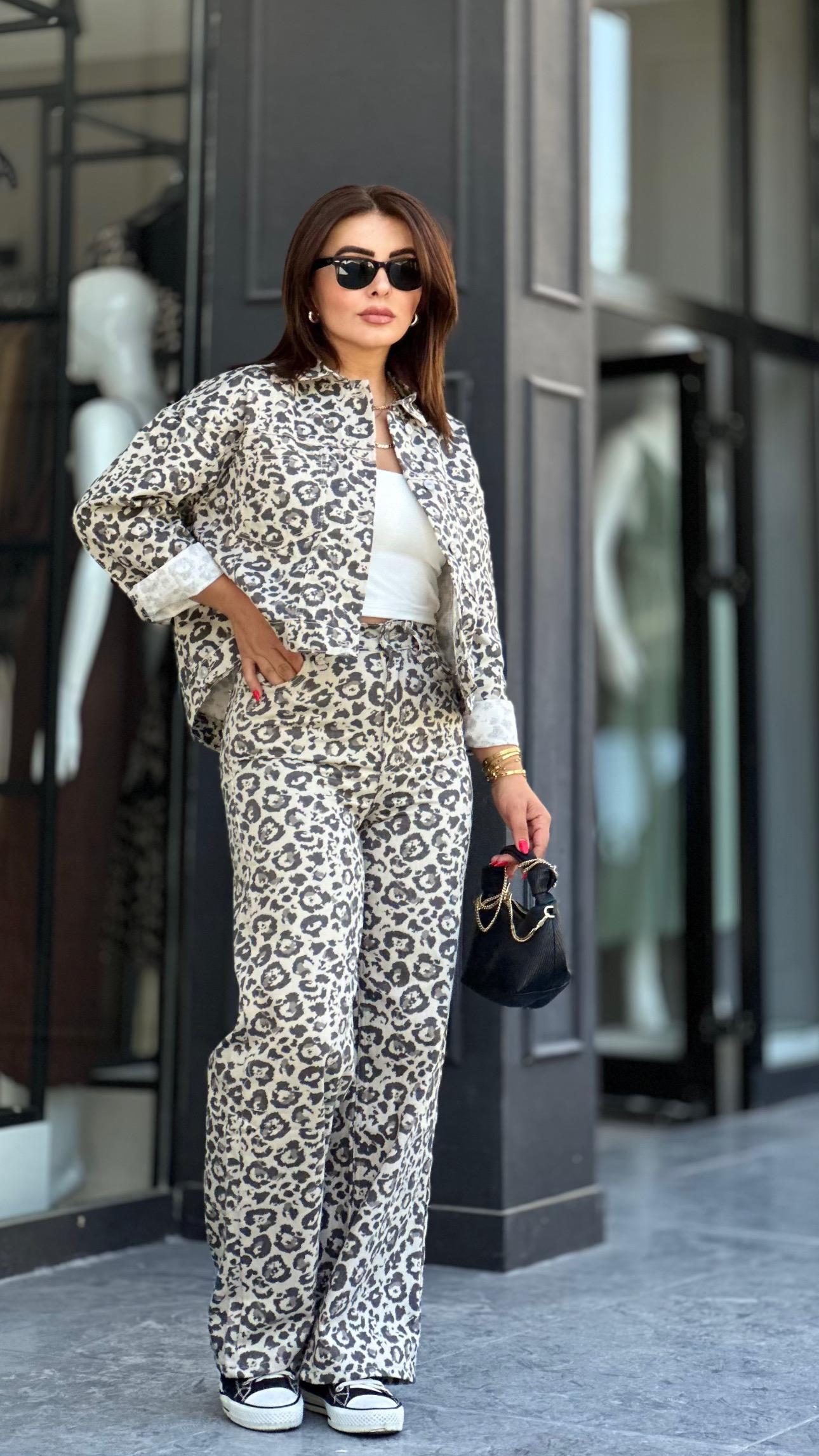 Grey and Black Leopard Print Gabardine Suit