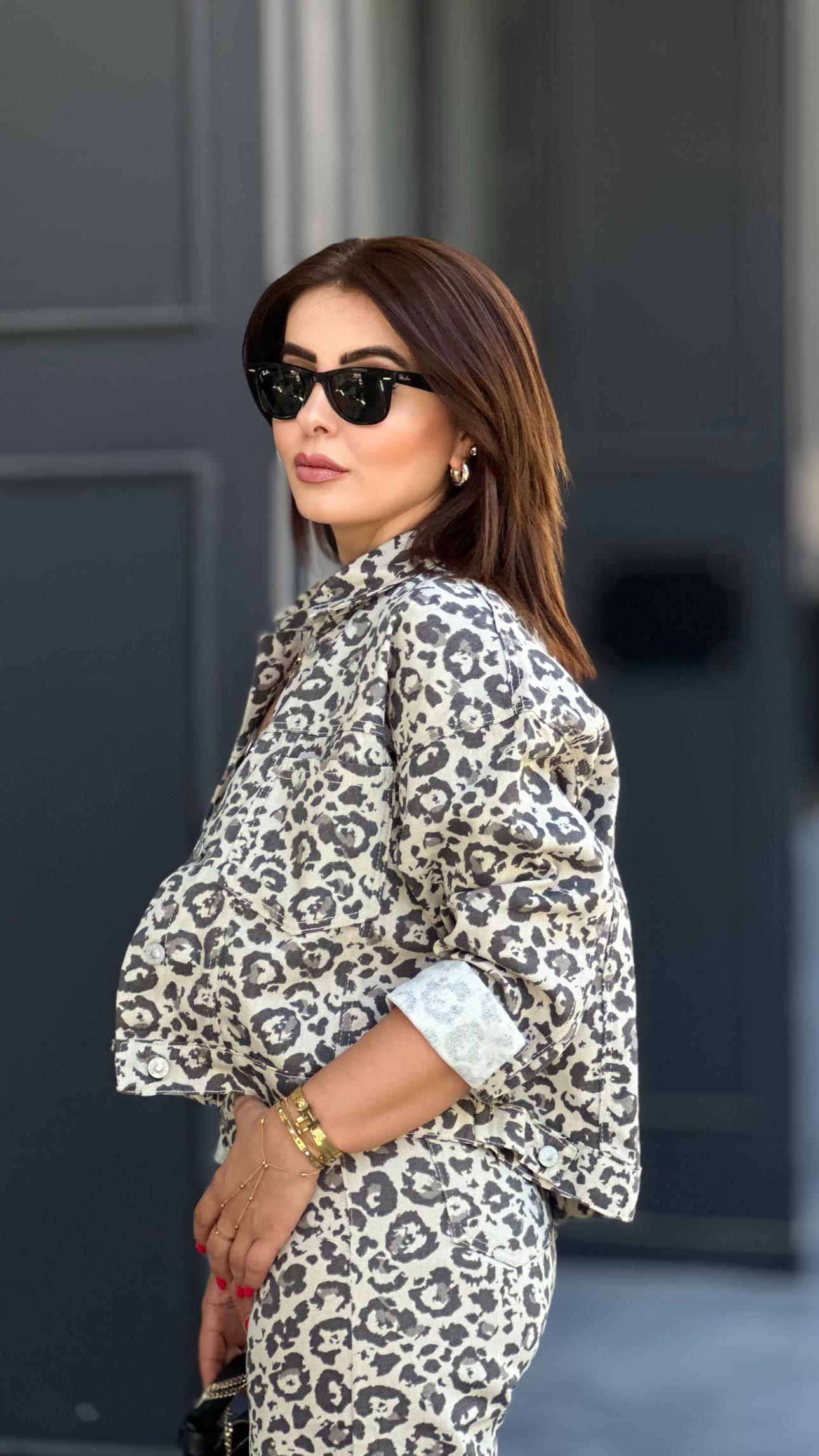 Grey and Black Leopard Print Gabardine Suit