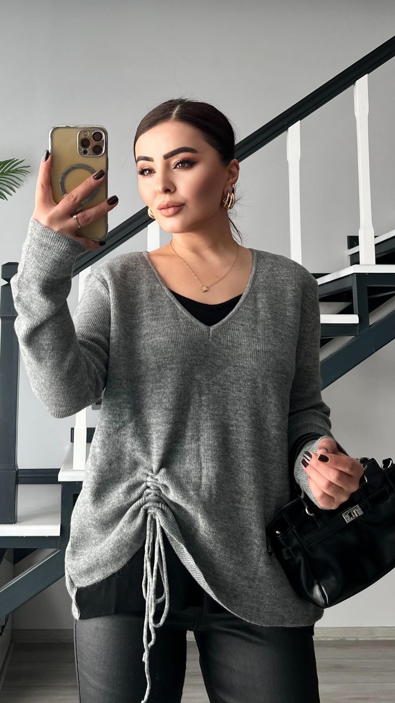 Grey-Black Side Gathered Sweater