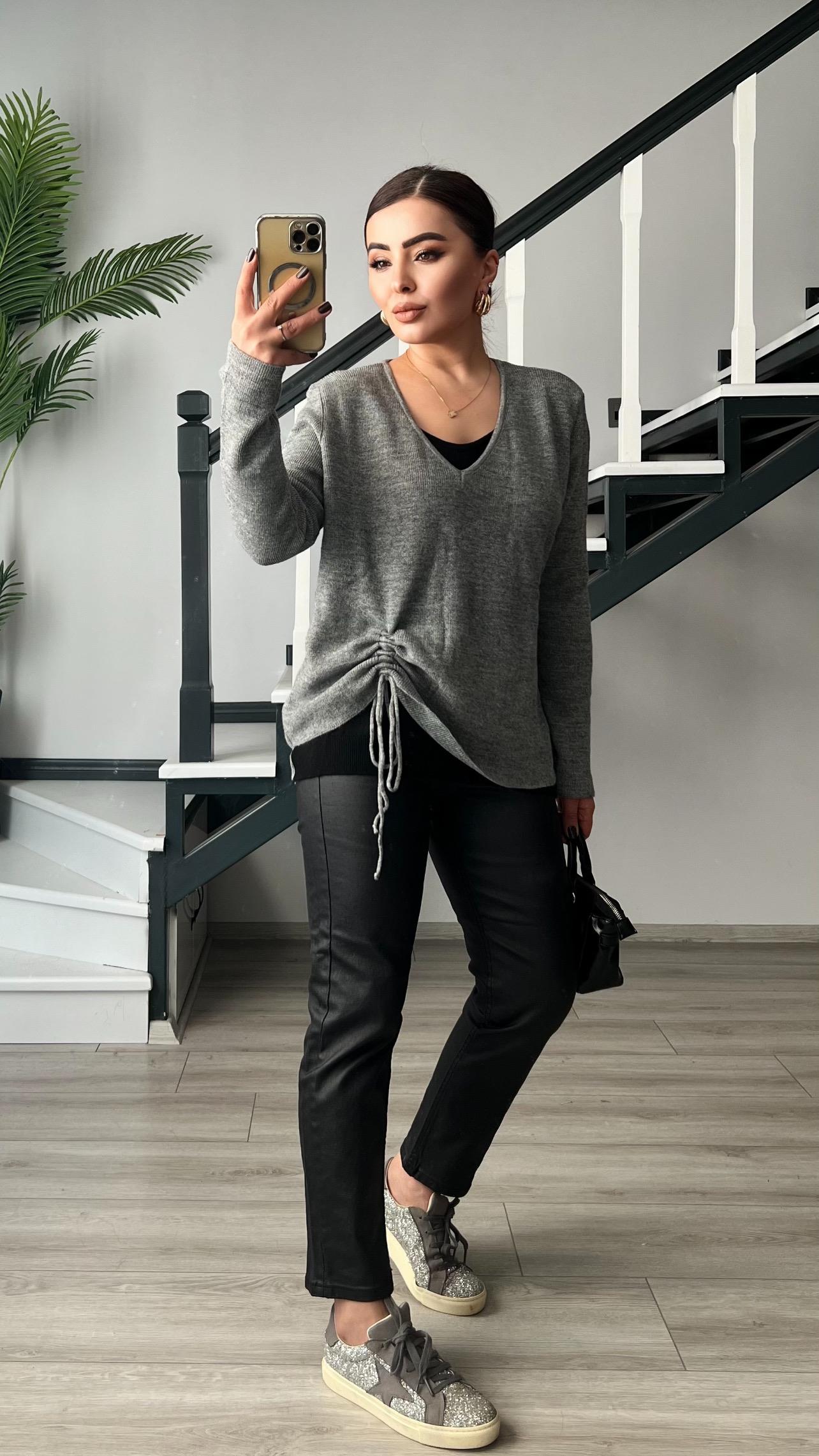 Grey-Black Side Gathered Sweater
