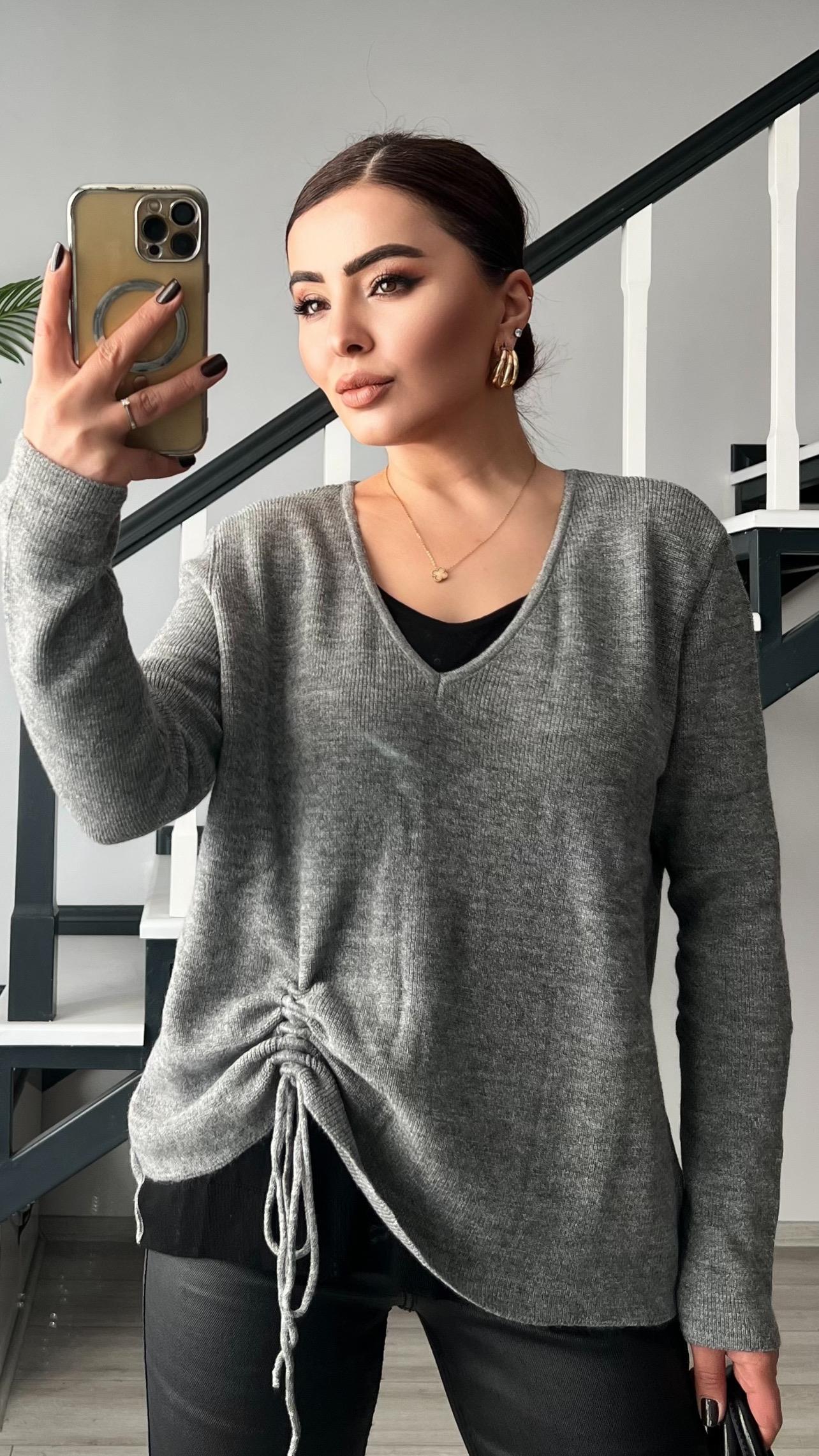 Grey-Black Side Gathered Sweater
