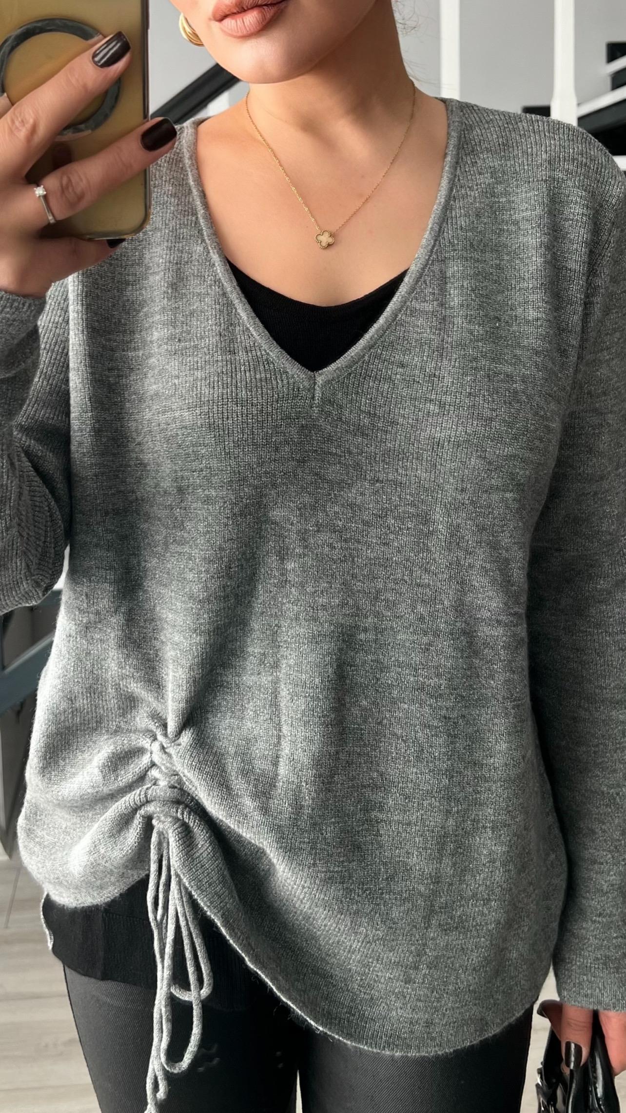 Grey-Black Side Gathered Sweater