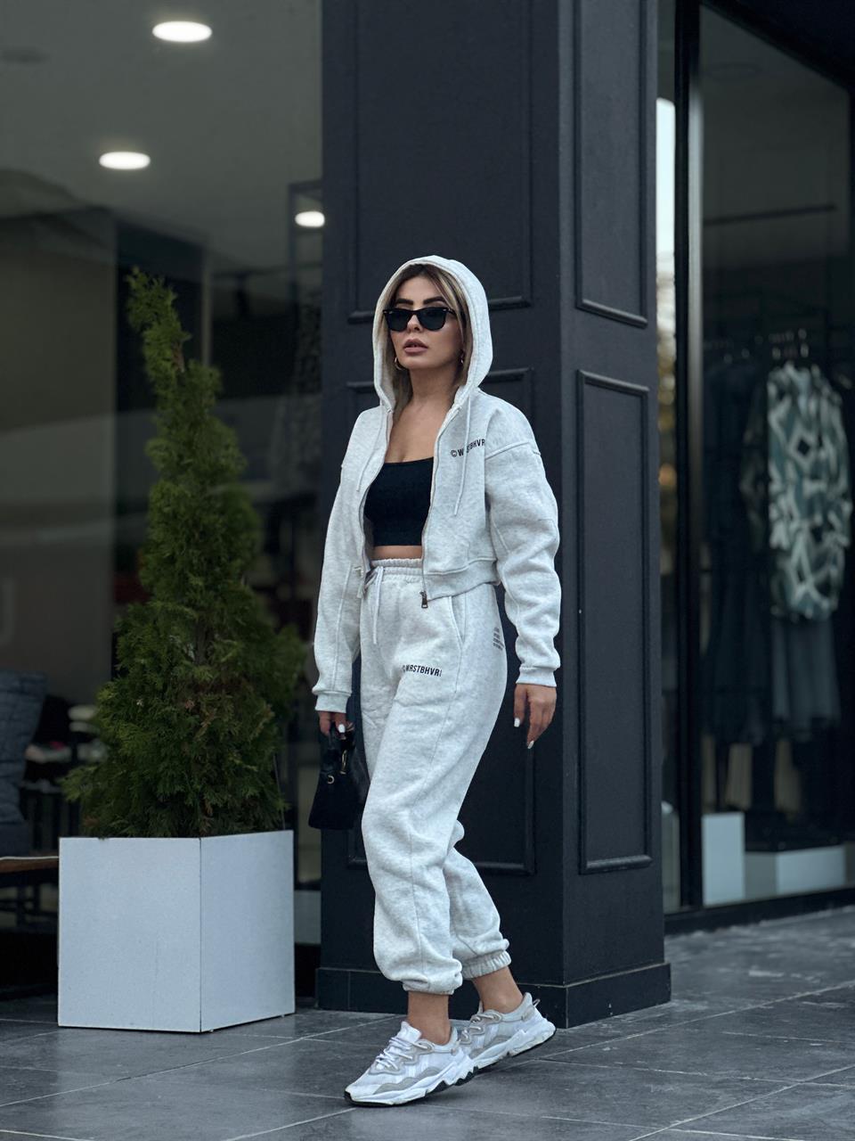 Grey Wristband Printed Three-Thread Brushed Tracksuit Set