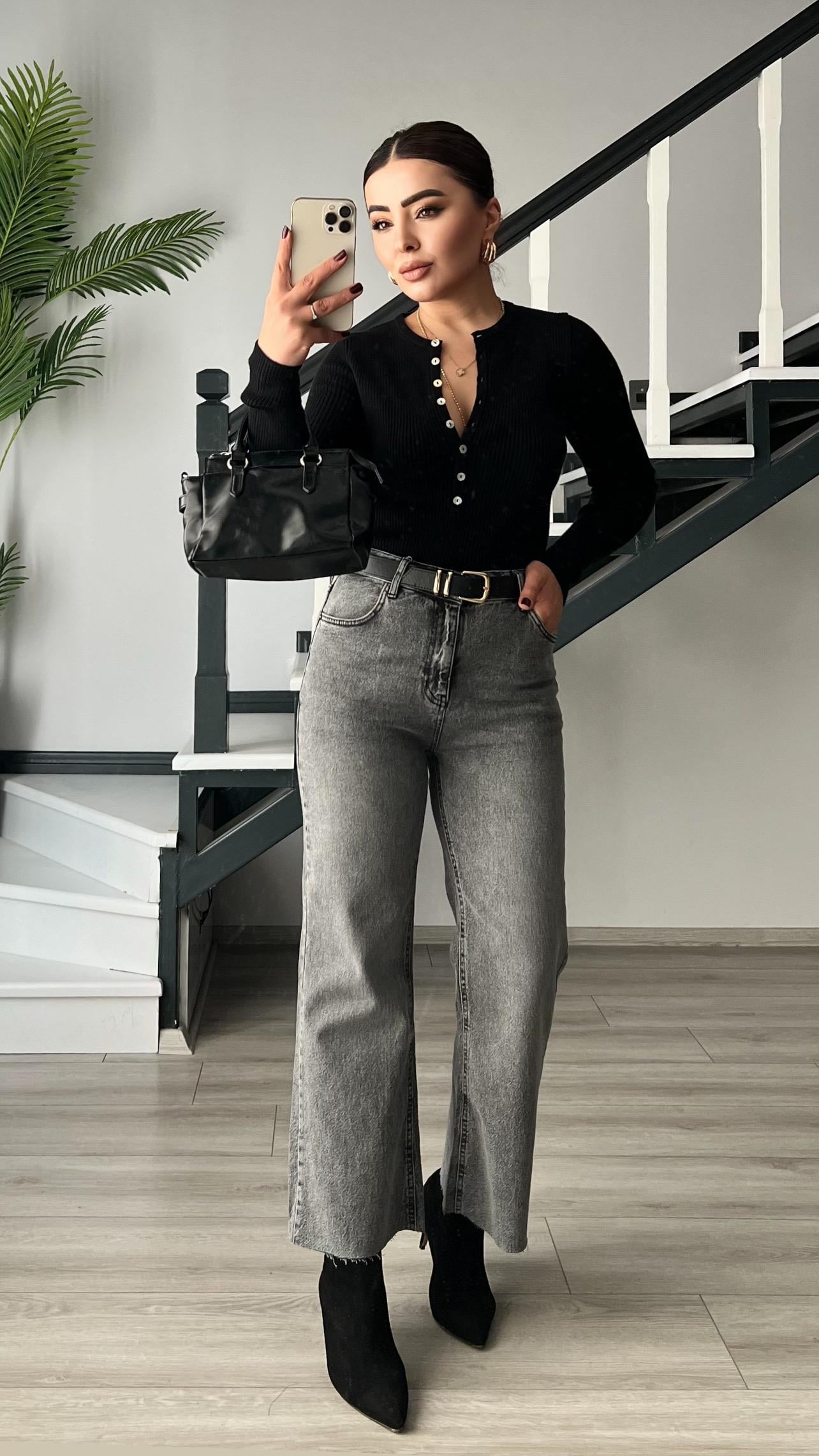 Gri Yıkamalı Likralı Straight Jean