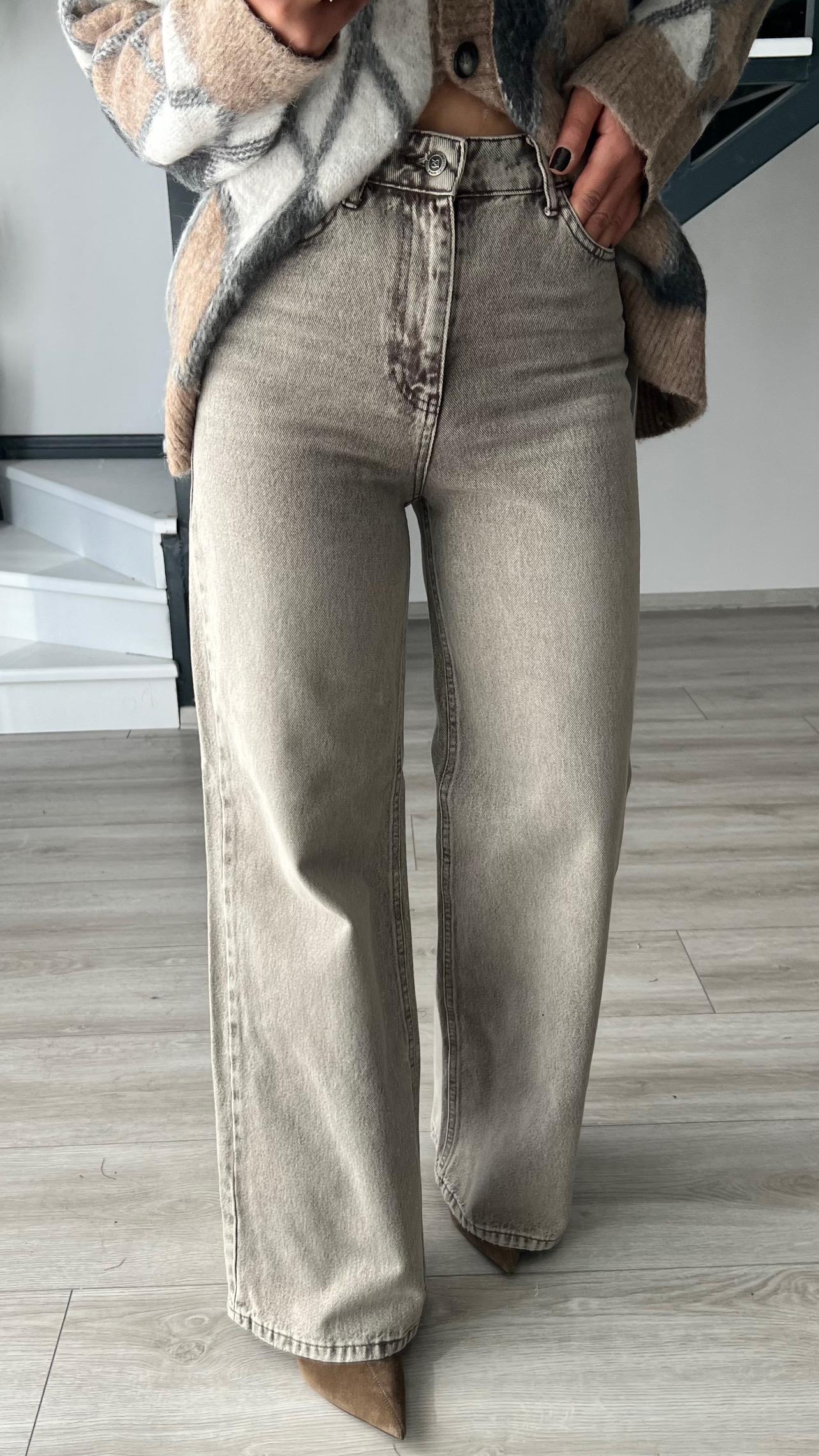 Gri Yıkamalı Wide Leg Jean