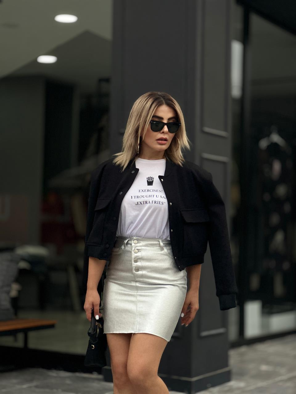 Gümüş Parlak Düğme Detay Lazer Kesim Etek 