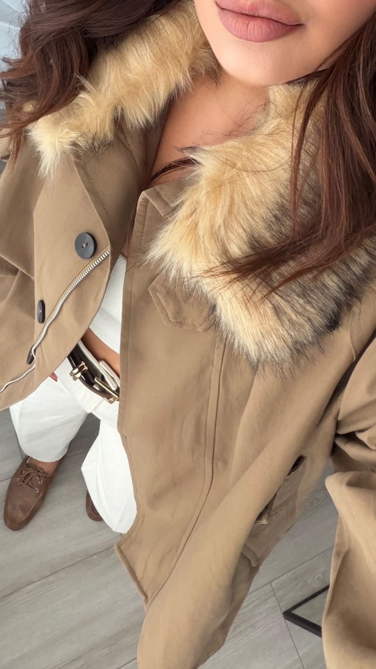Khaki Trench Coat with Removable Fur Collar