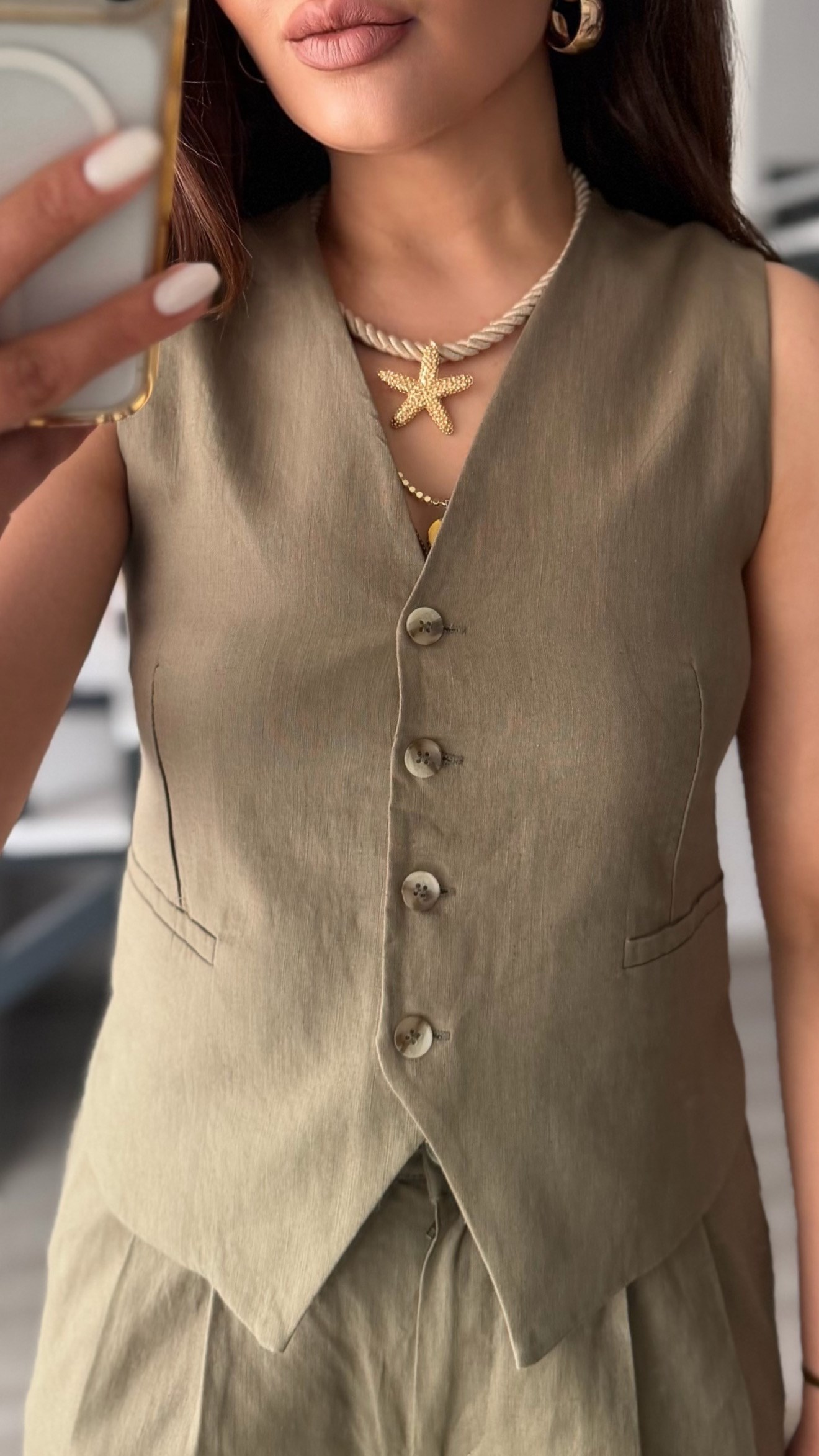 Khaki Imported Linen Vest and Pants Set