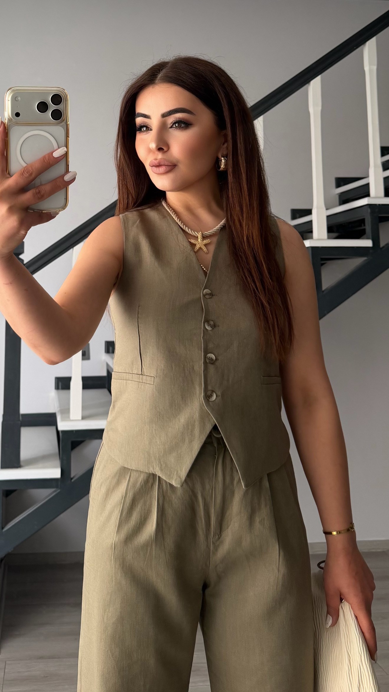 Khaki Imported Linen Vest and Pants Set