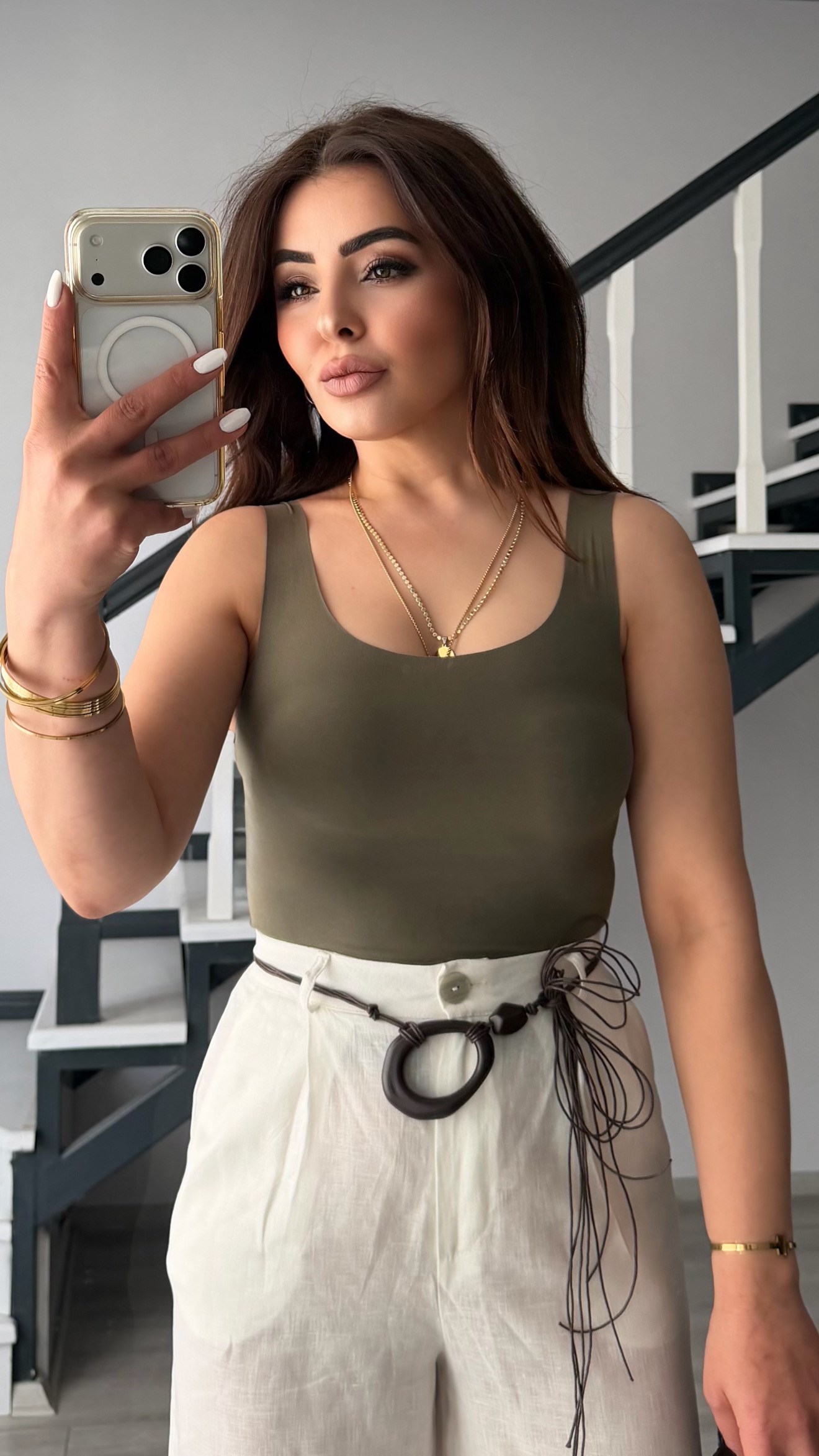 Khaki Laser-Cut Cotton Tank Top