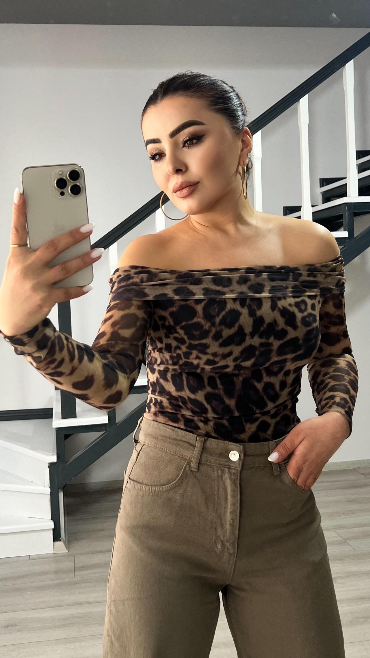 Haki Leopar Desen Tül Bluz 