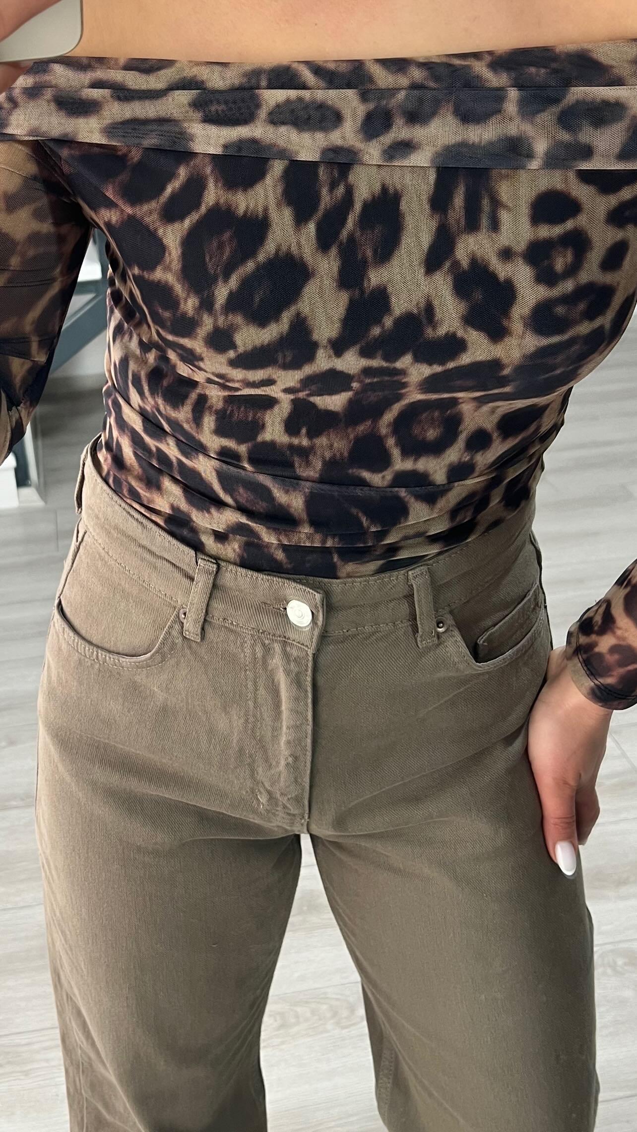 Haki Leopar Desen Tül Bluz 