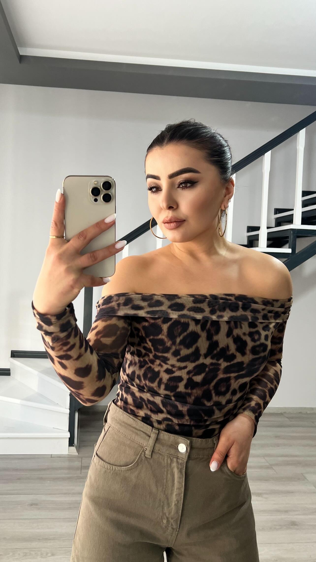 Haki Leopar Desen Tül Bluz 