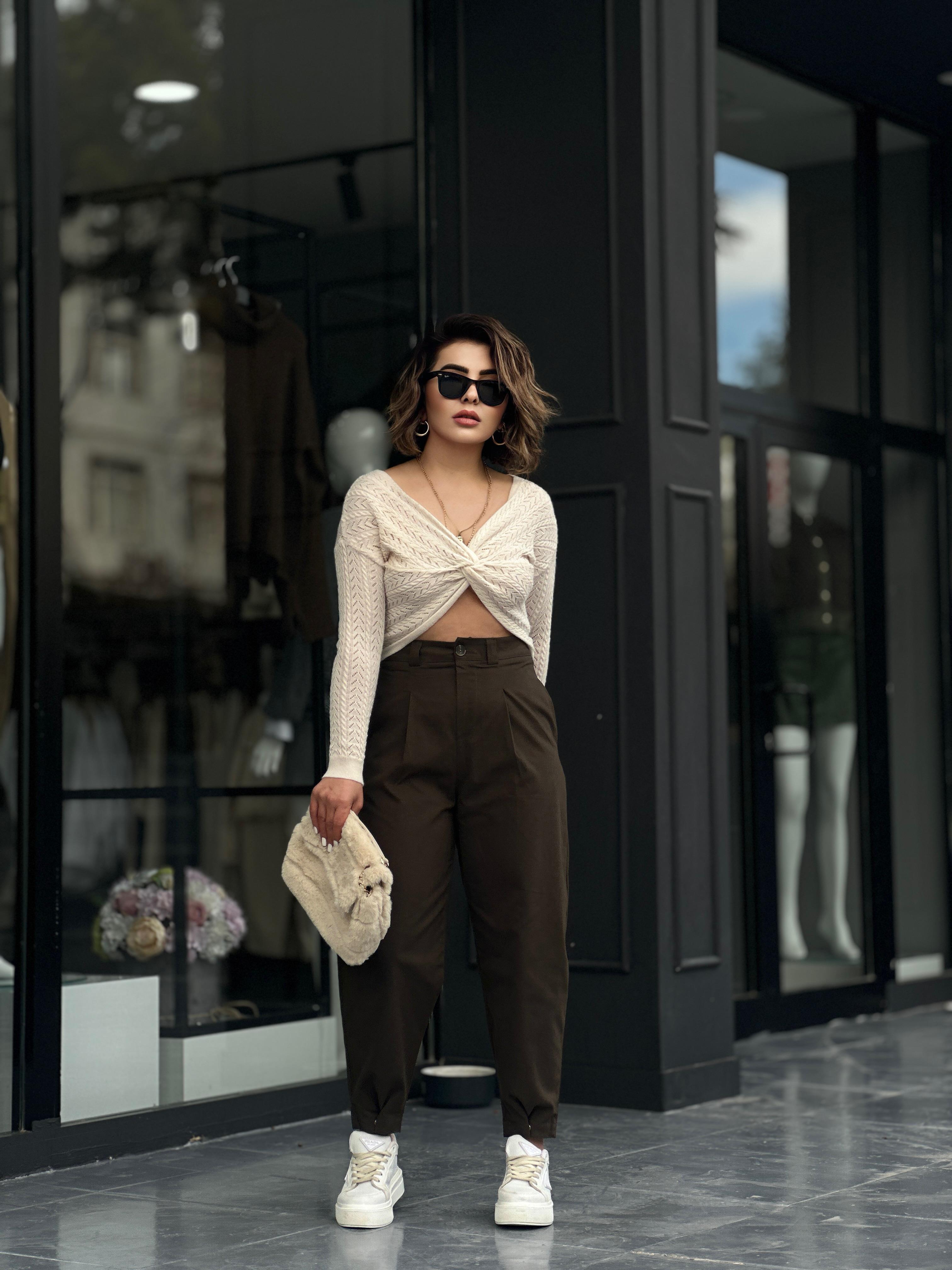 Haki Paça Çıtçıtlı Slouchy Pantolon