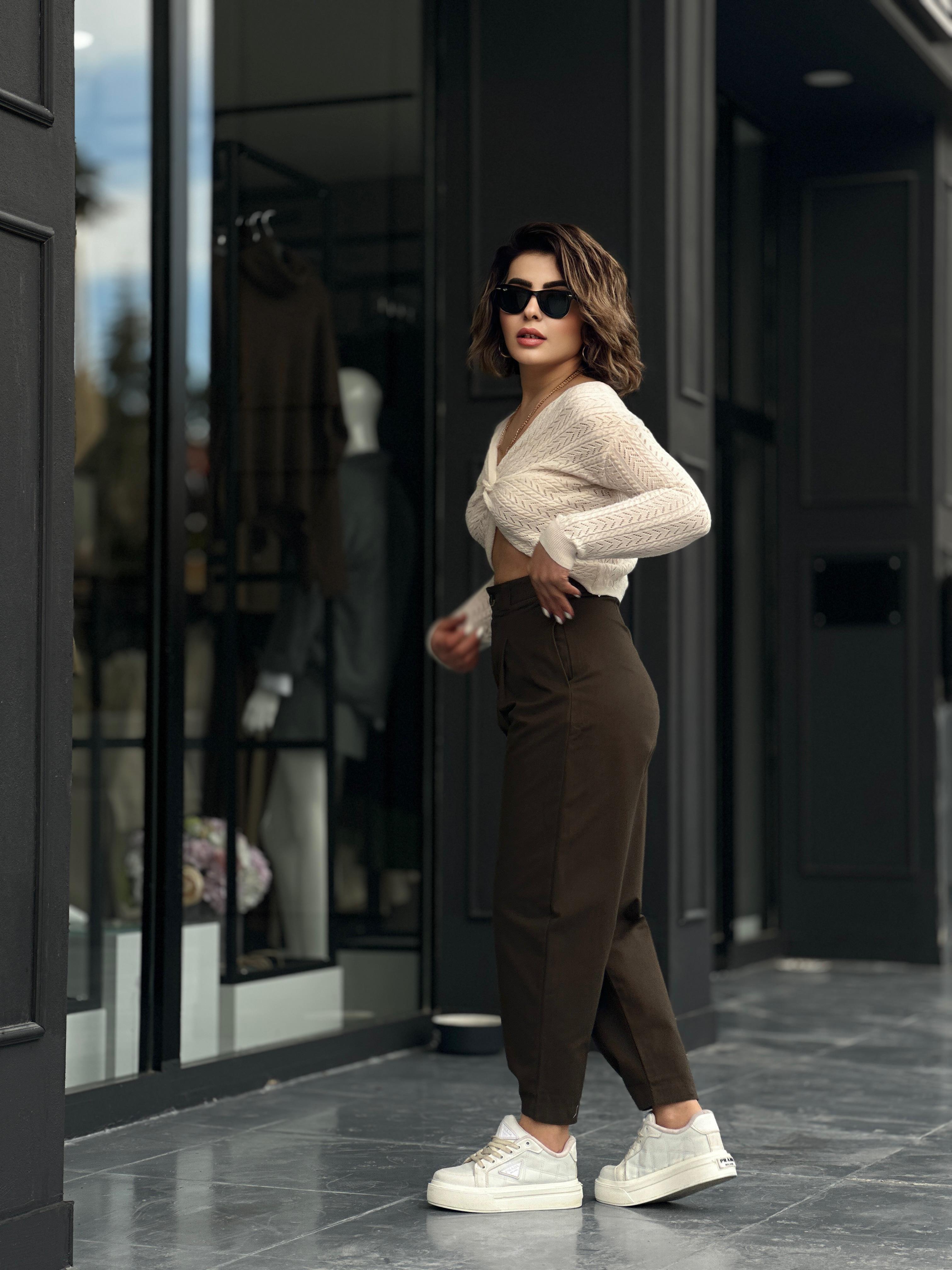 Haki Paça Çıtçıtlı Slouchy Pantolon