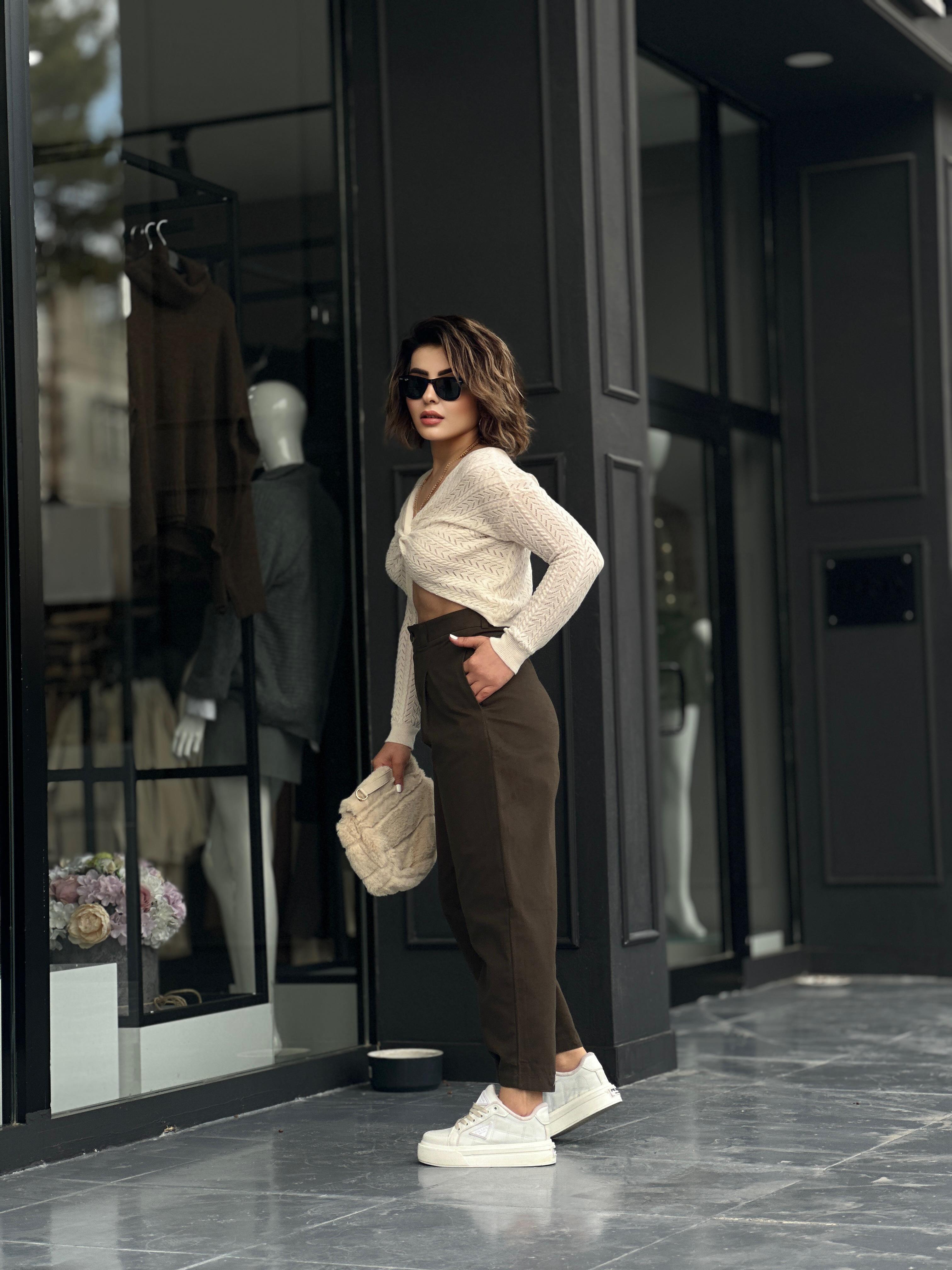 Haki Paça Çıtçıtlı Slouchy Pantolon