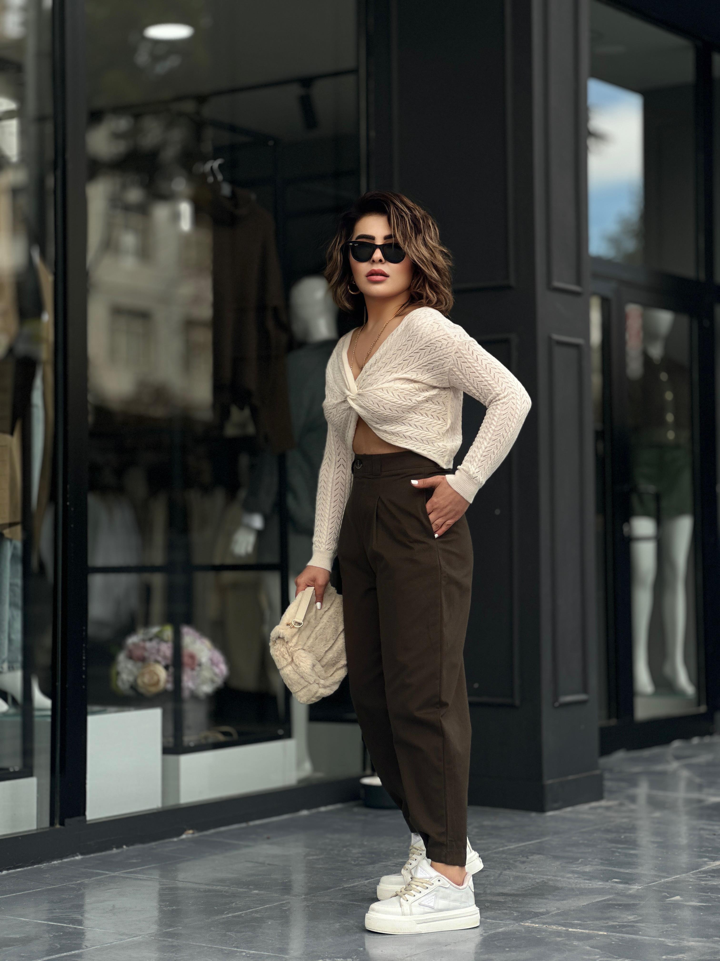 Haki Paça Çıtçıtlı Slouchy Pantolon