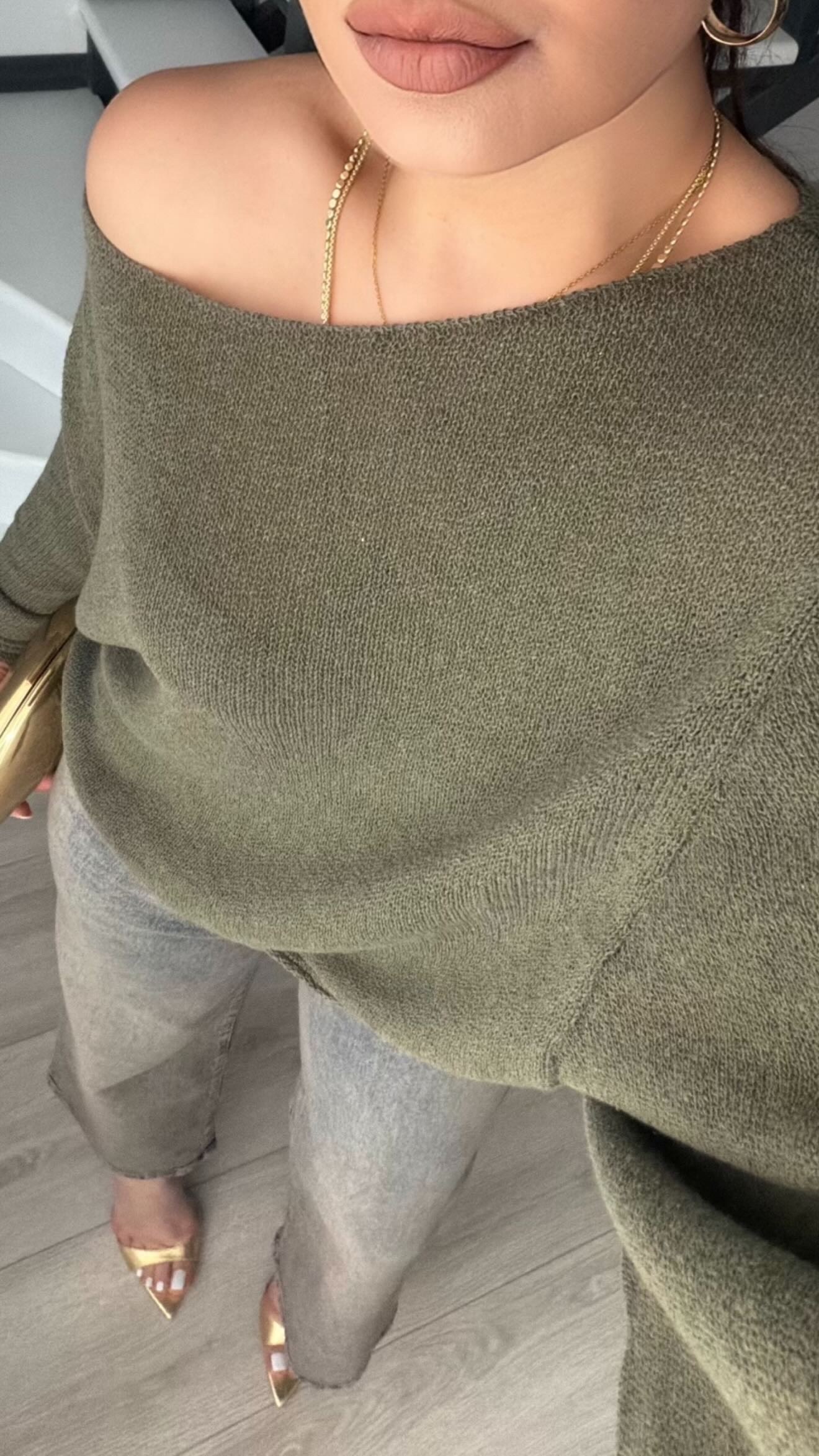 Khaki Batwing Boat Neck Mercerized Blouse
