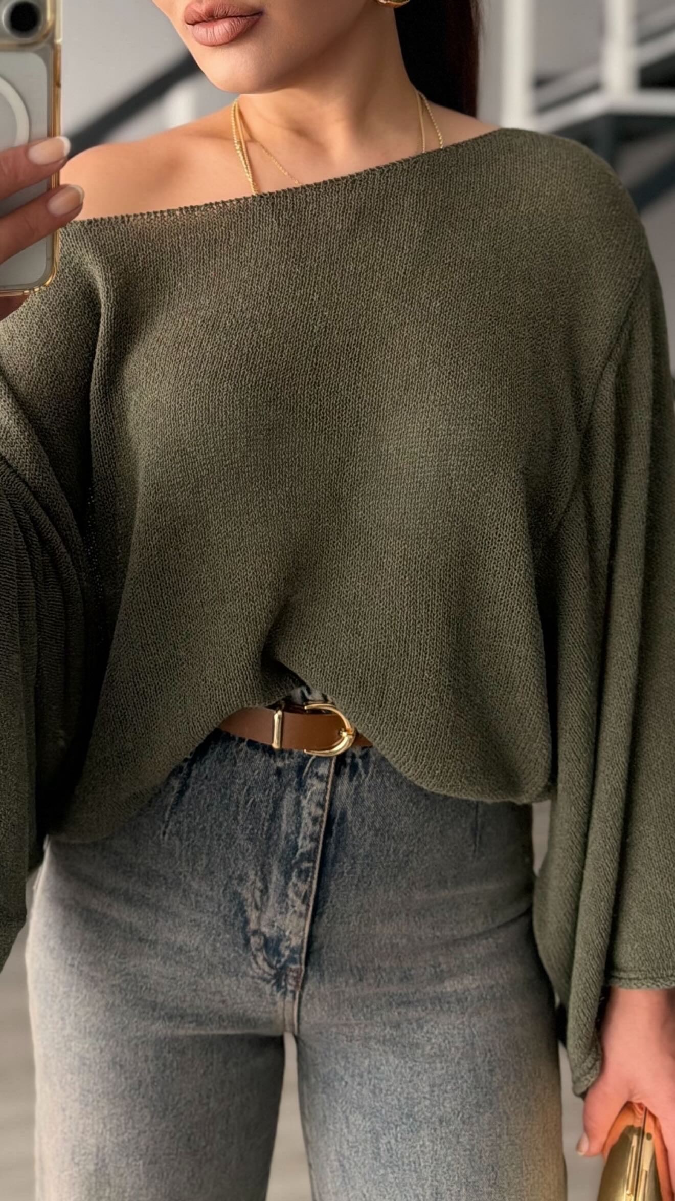 Khaki Batwing Boat Neck Mercerized Blouse