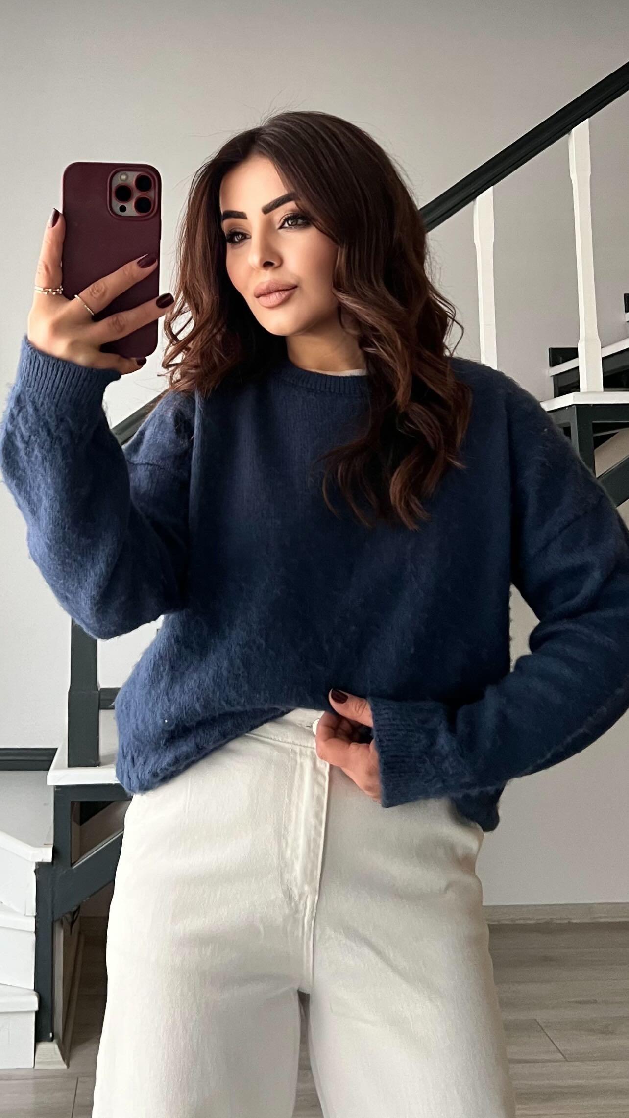 Indigo Self-Fleeced Knit Sweater